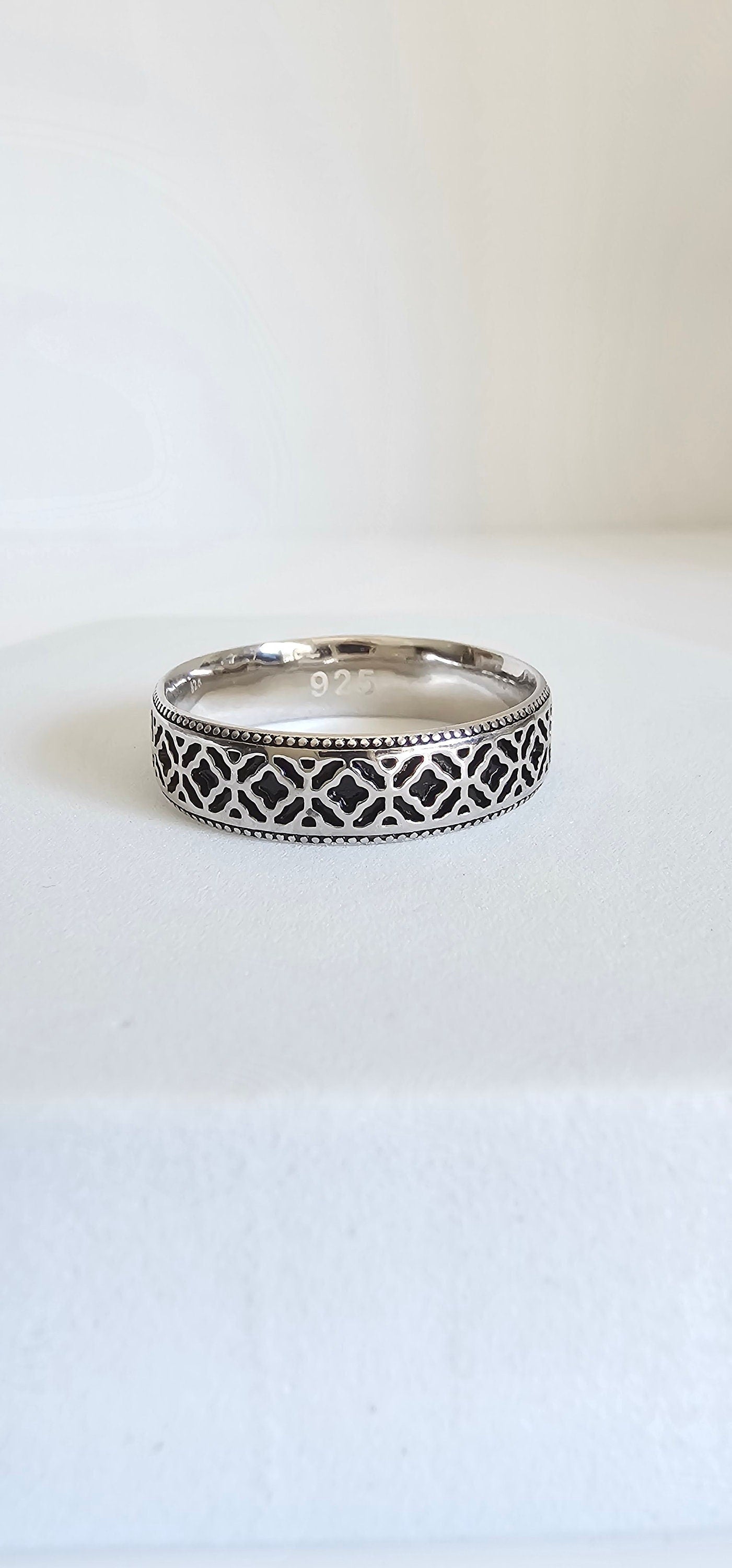 Sterling Silver Oxidize Ring, 6mm Ring, Moroccan Pattern Design Band, Thumb Ring, Unisex Ring,  Wedding Band