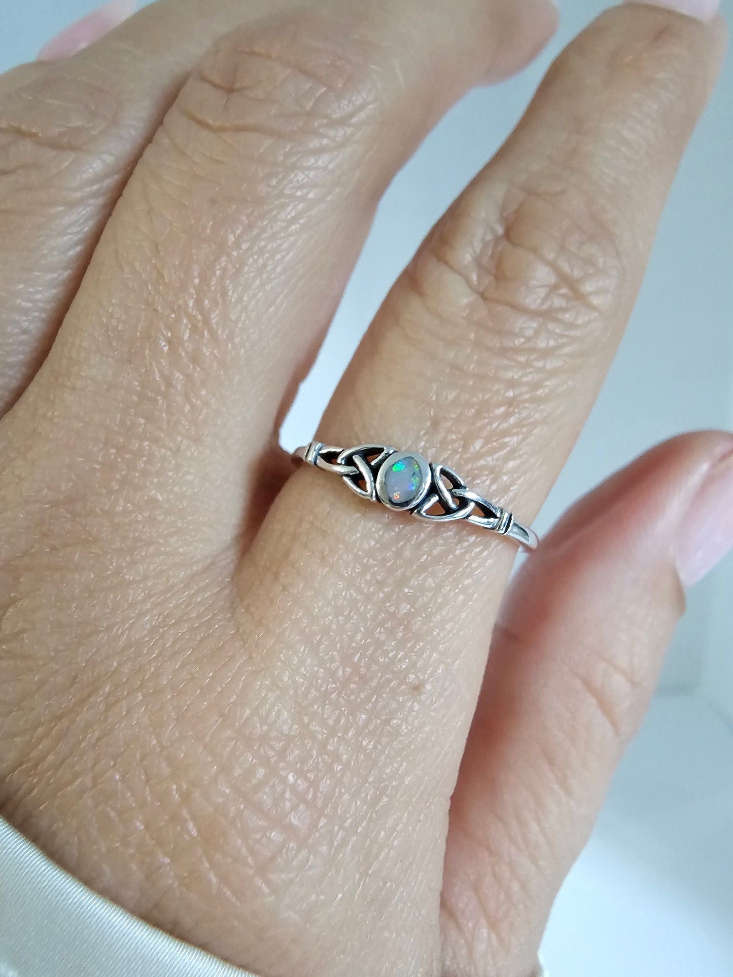 White Opal Celtic Ring, Tiny Dainty Opal Ring