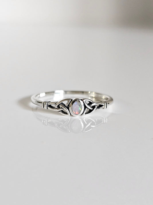 White Opal Celtic Ring, Tiny Dainty Opal Ring