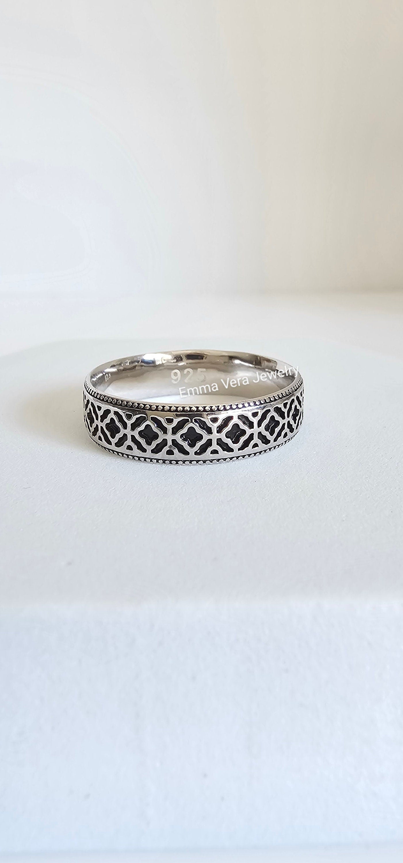 Sterling Silver Oxidize Ring, 6mm Ring, Moroccan Pattern Design Band, Thumb Ring, Unisex Ring,  Wedding Band