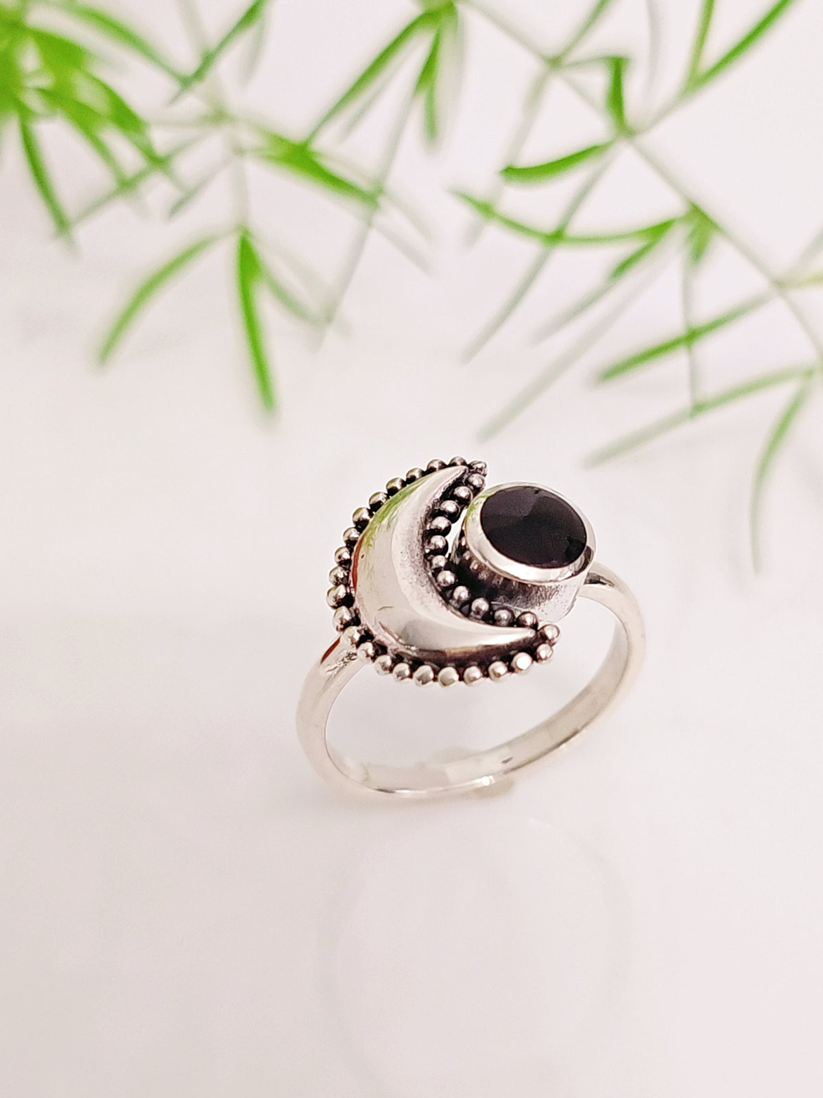Sterling Silver Crescent Onyx Moon Beaded Moon