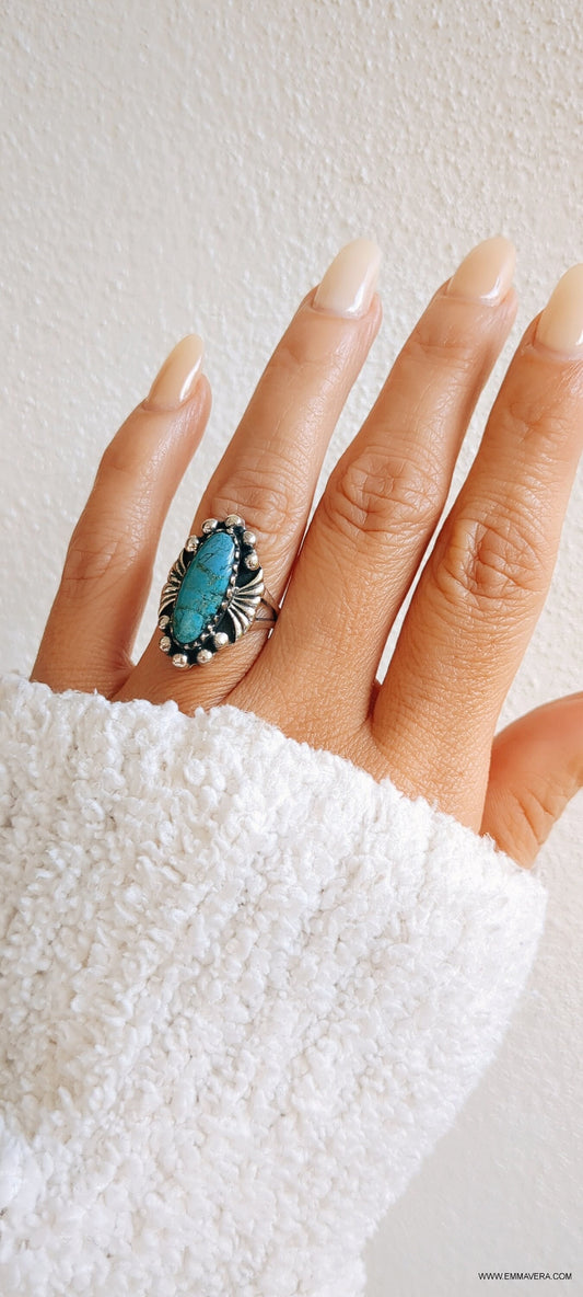 Turquoise Ring, Sterling Silver Women Ring, Beaded Turquoise Ring, Bohemian Minimalist Ring, Genuine Turquoise, 925 Ring