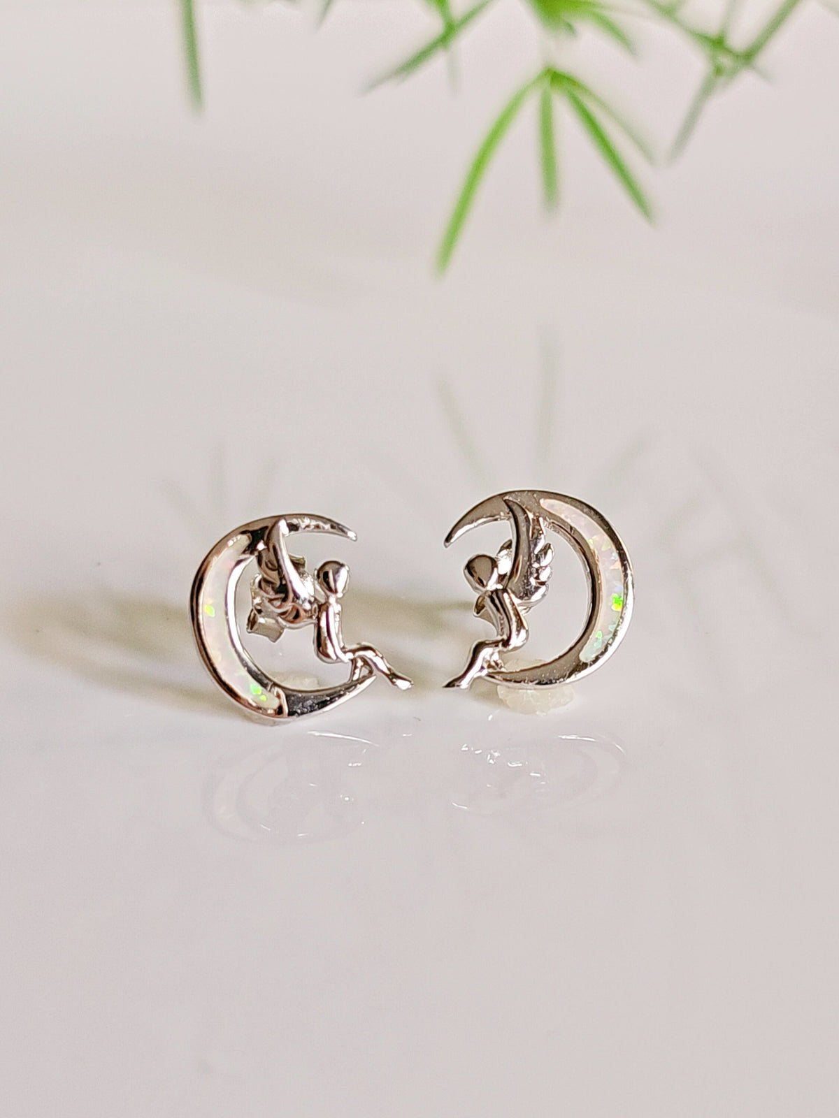 White Angel Sitting on Opal Earrings – 925 Sterling Silver