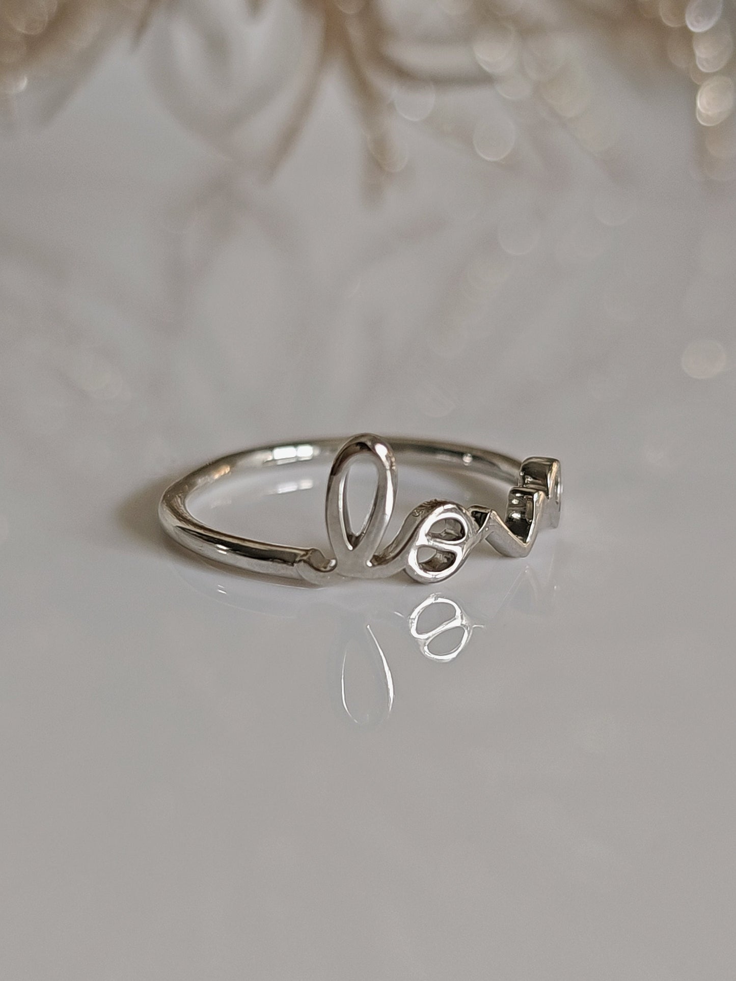 Letter Scripted Love Sterling Silver Dainty Love Ring