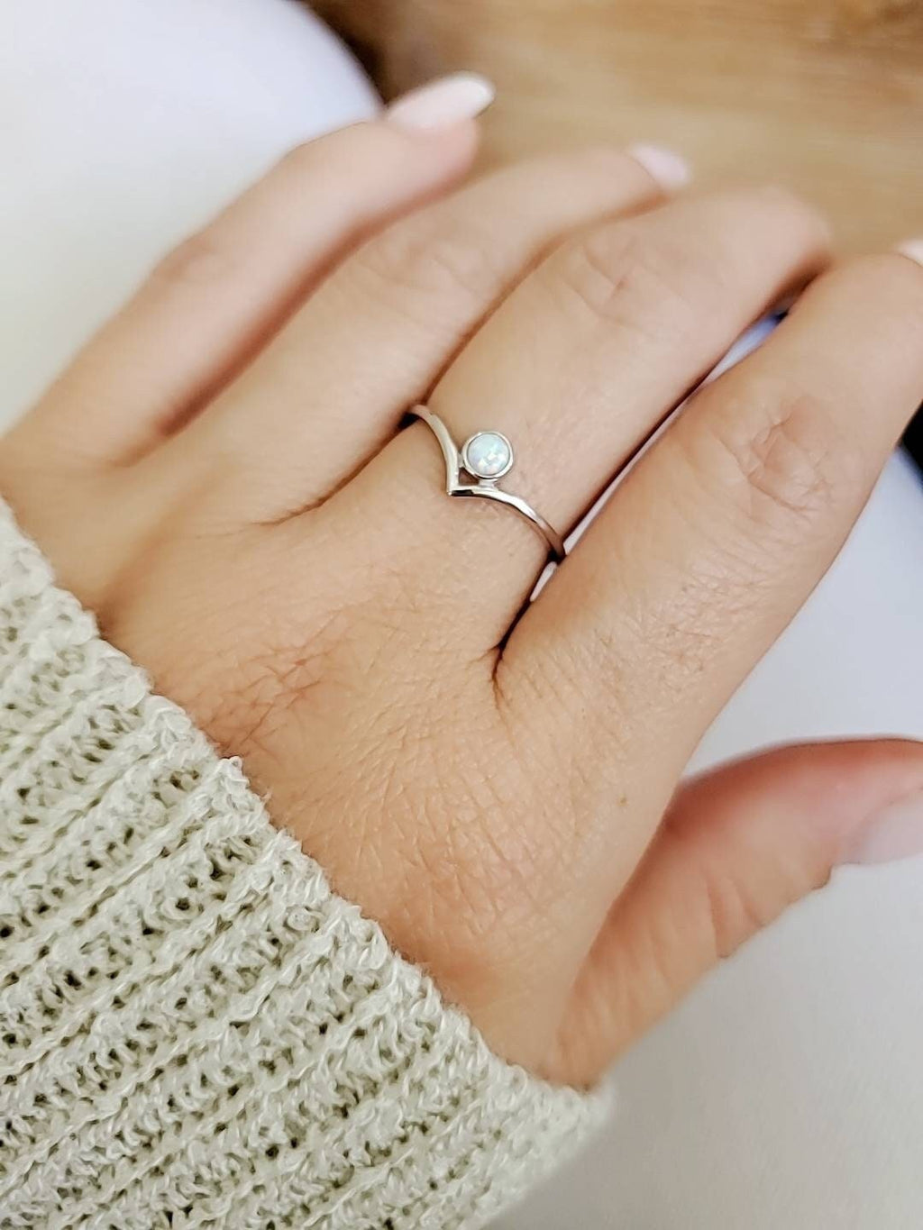 Sterling Silver Dainty White Opal Ring