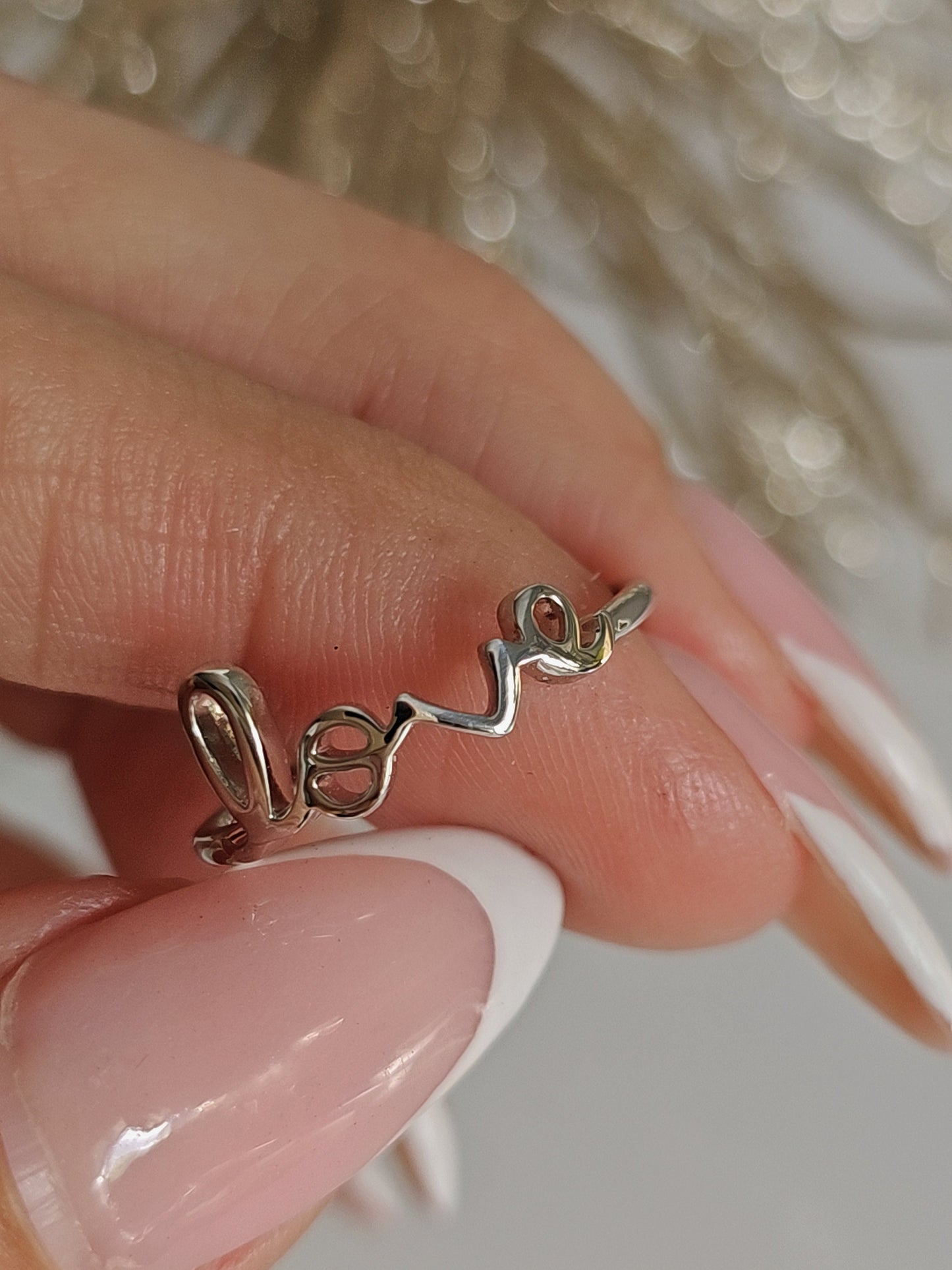 Letter Scripted Love Sterling Silver Dainty Love Ring