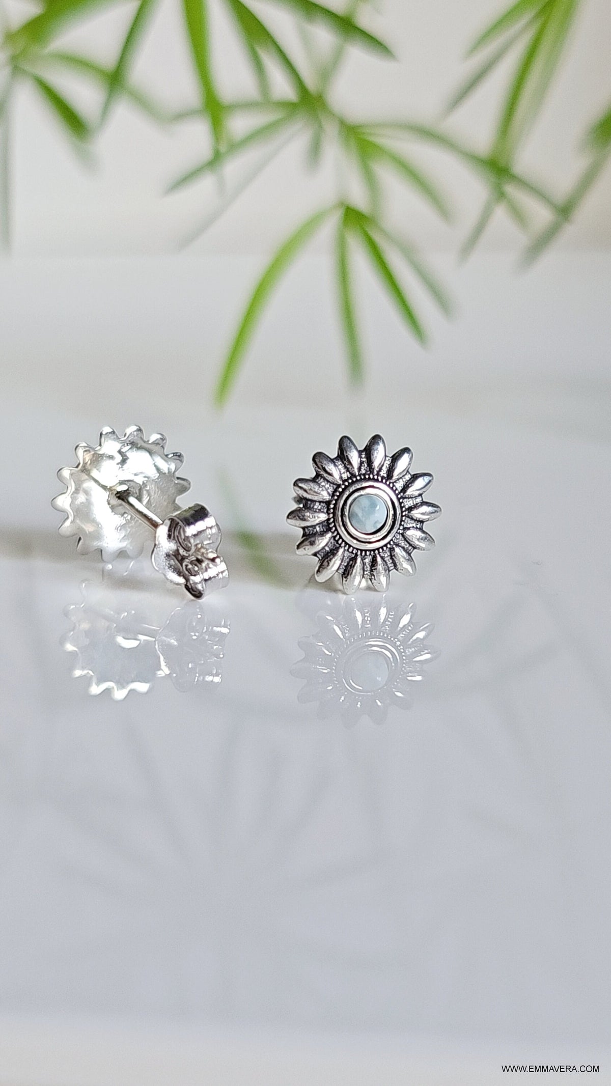Natural Larimar Flower Studs Earrings – Sterling Silver