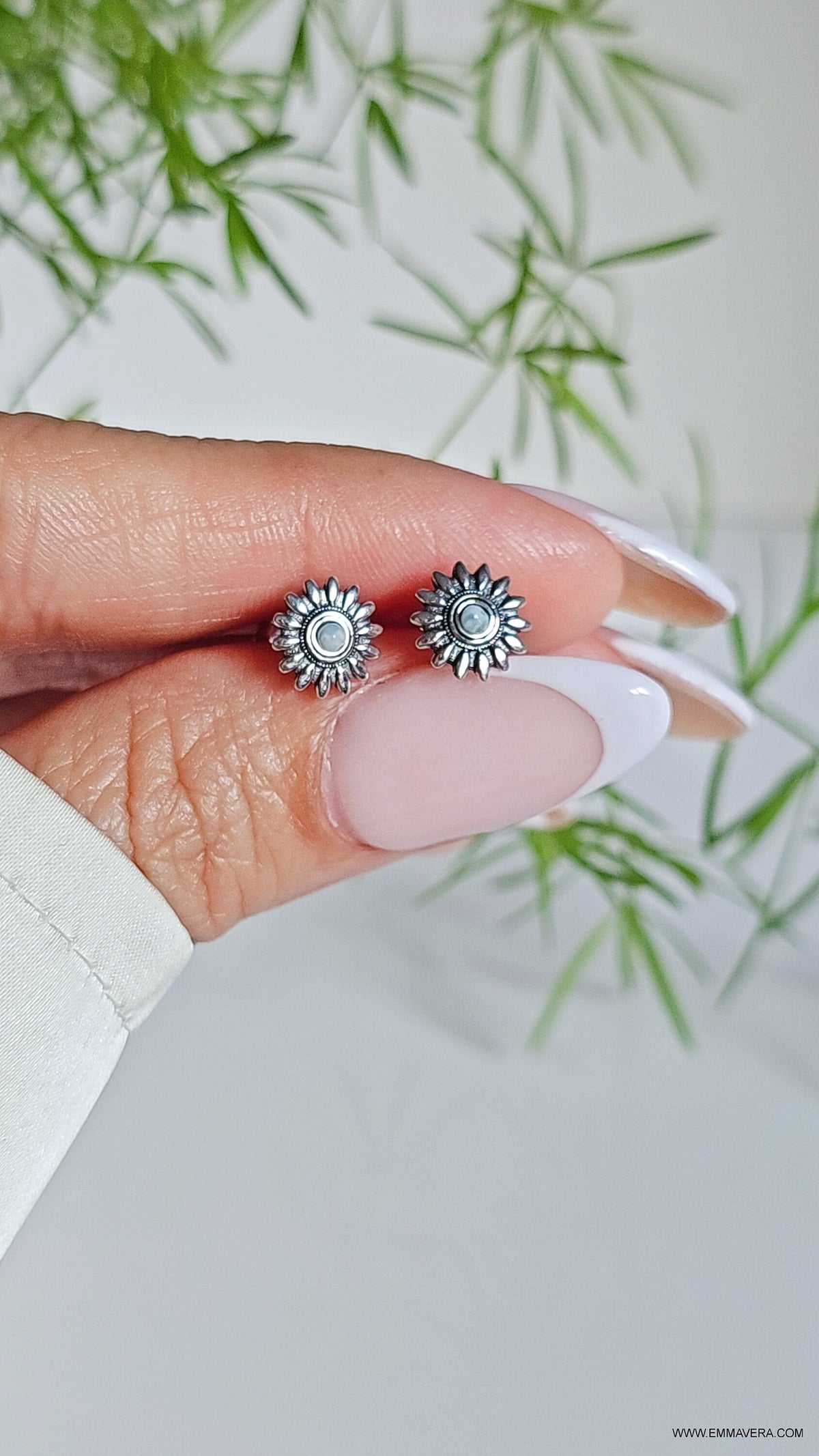 Natural Larimar Flower Studs Earrings – Sterling Silver