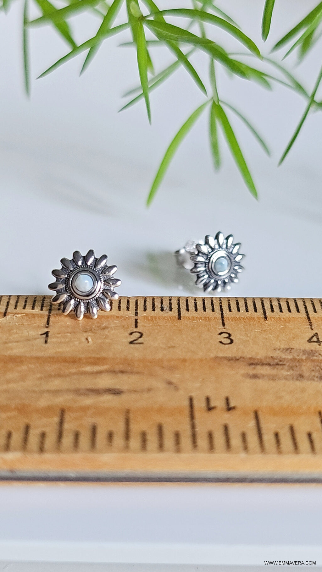 Natural Larimar Flower Studs Earrings – Sterling Silver