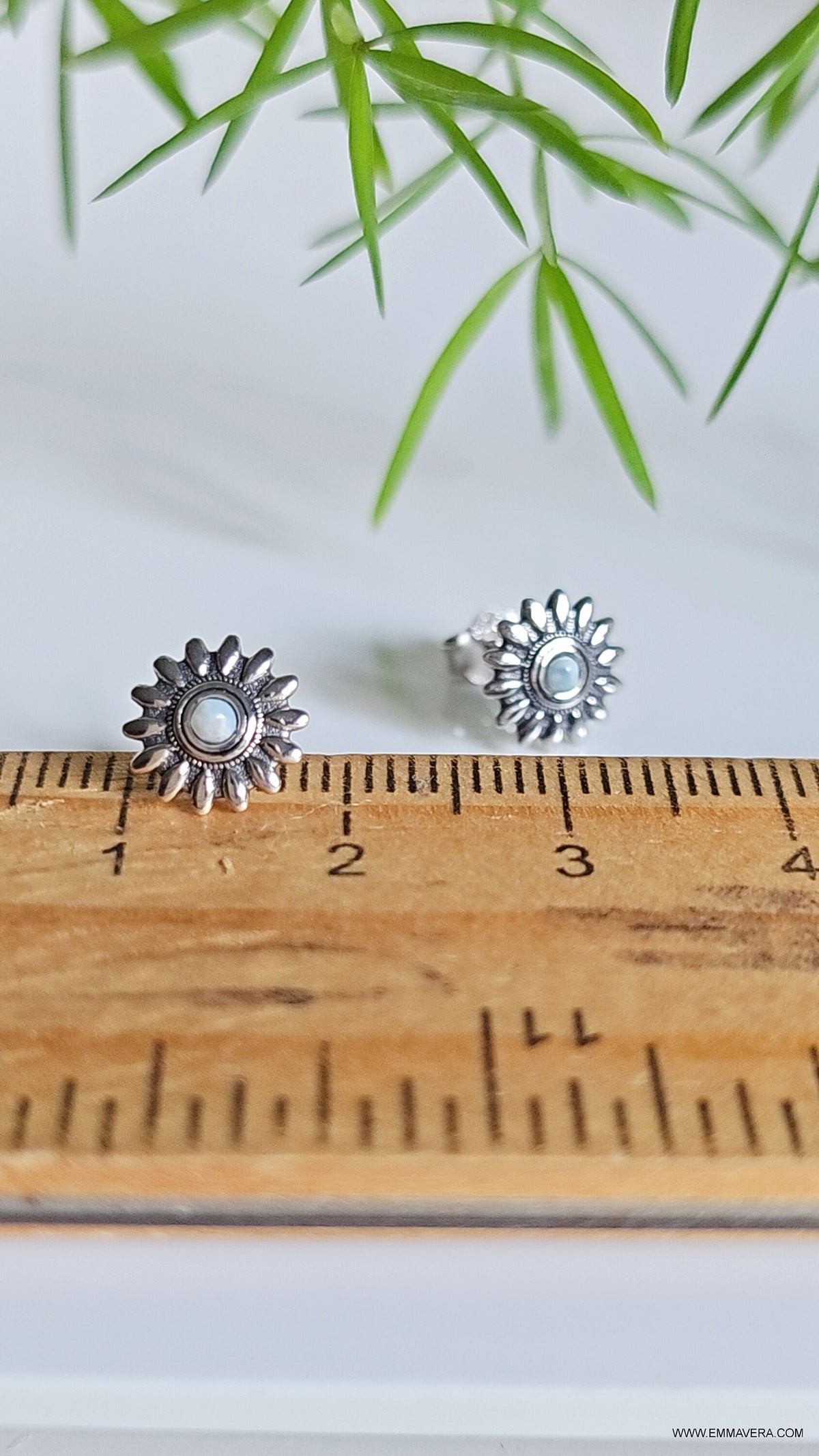 Natural Larimar Flower Studs Earrings – Sterling Silver