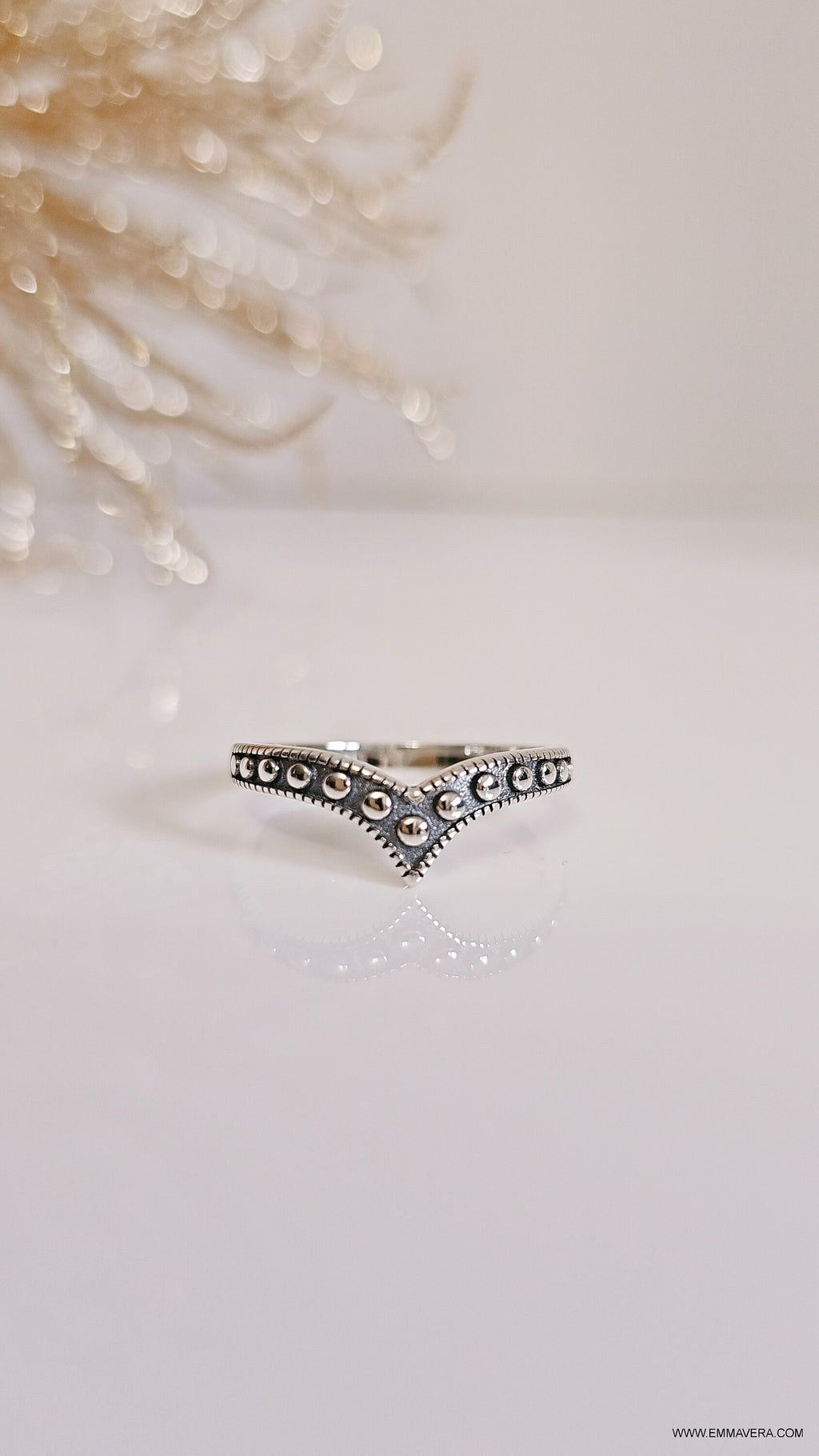 Beaded Chevron Sterling Silver Womens Ring