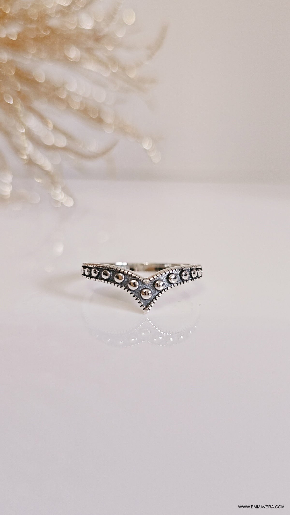 Beaded Chevron Sterling Silver Womens Ring