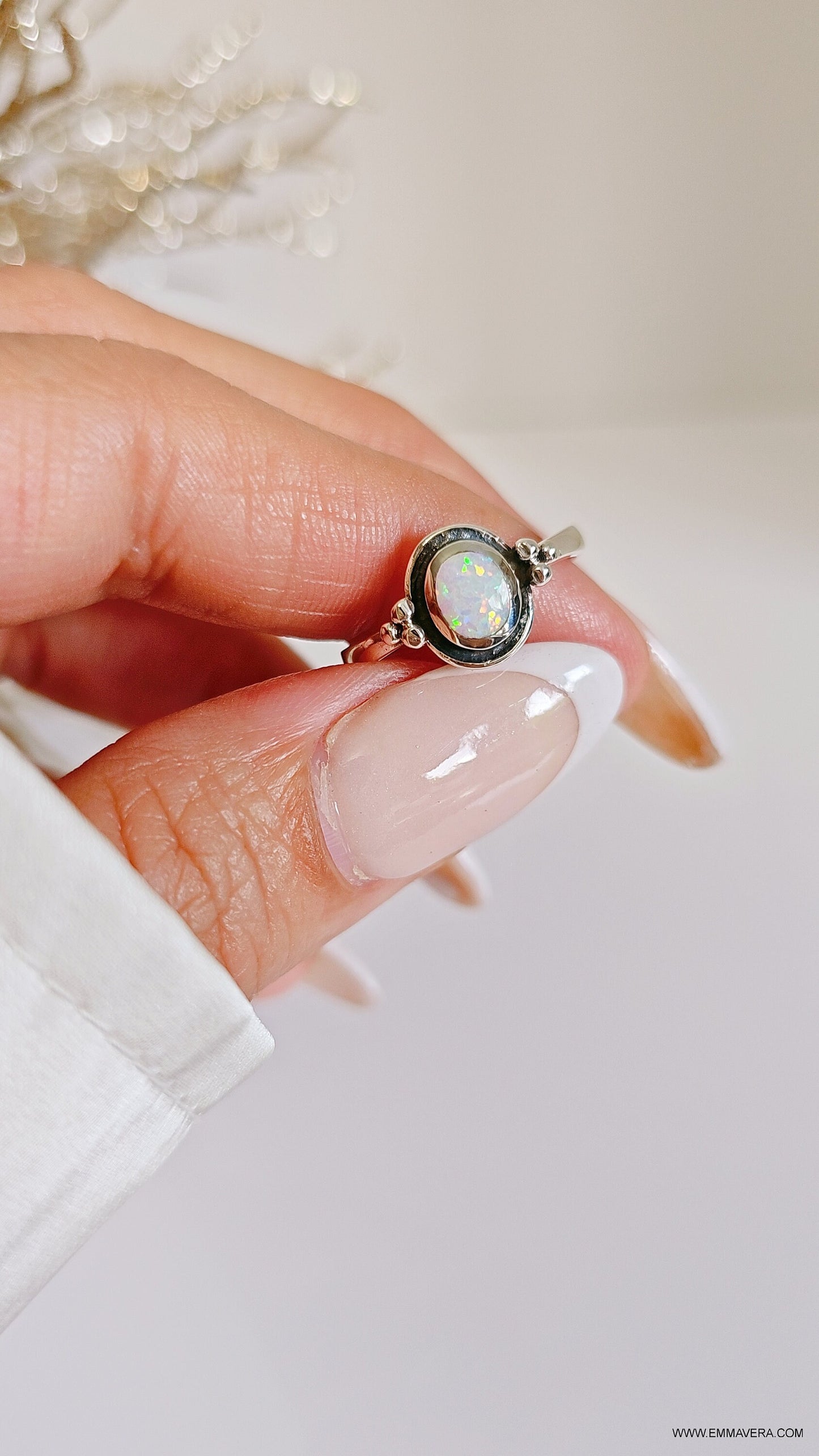 Sterling Silver Rainbow Opal Ring, Beaded Lab White Opal Ring, Opal Ring, Bali White Opal Ring, 925 Stamped, Anniversary Gift