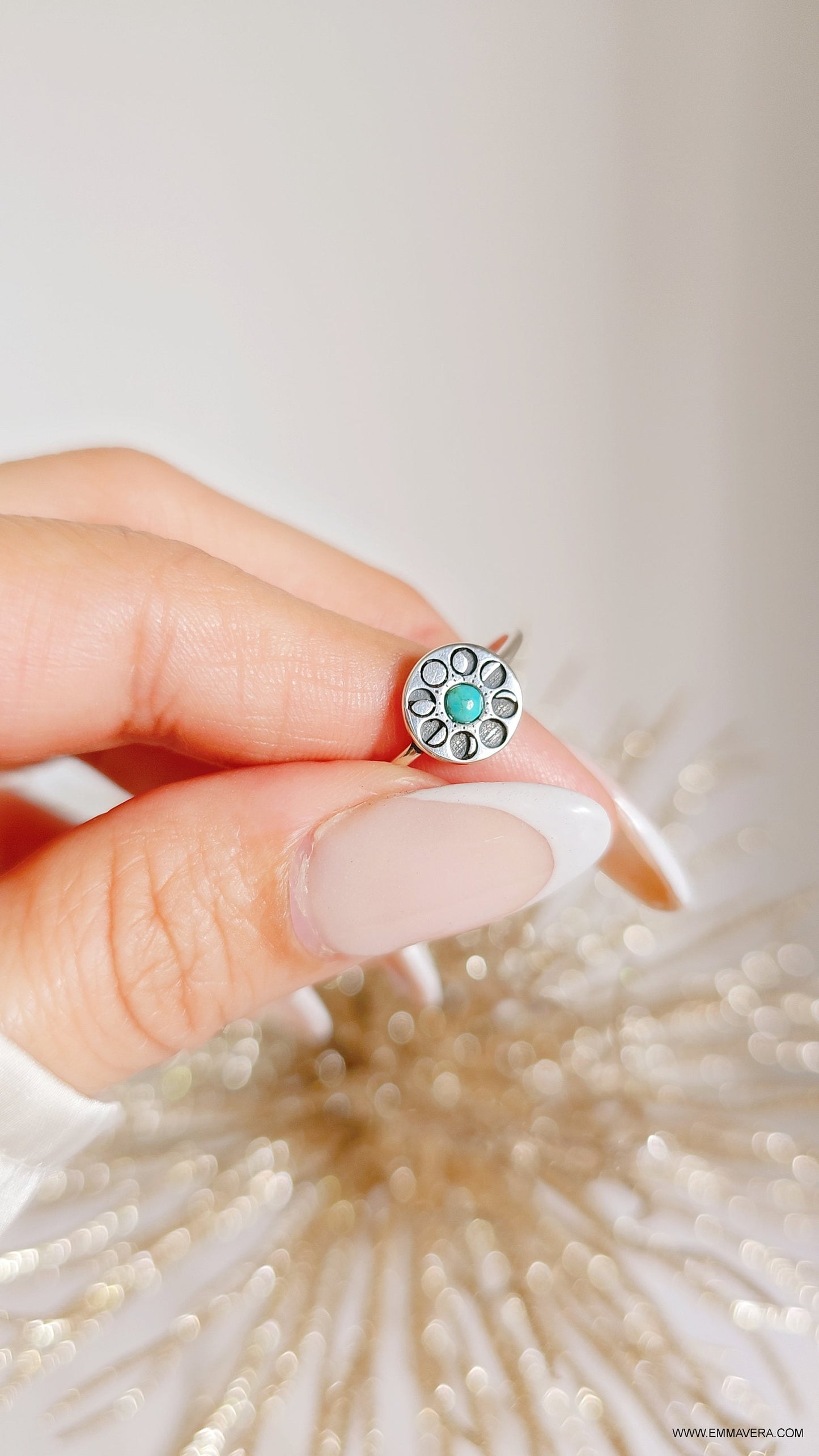 Sterling Silver Moon Phases Turquoise Ring, Moon Ring