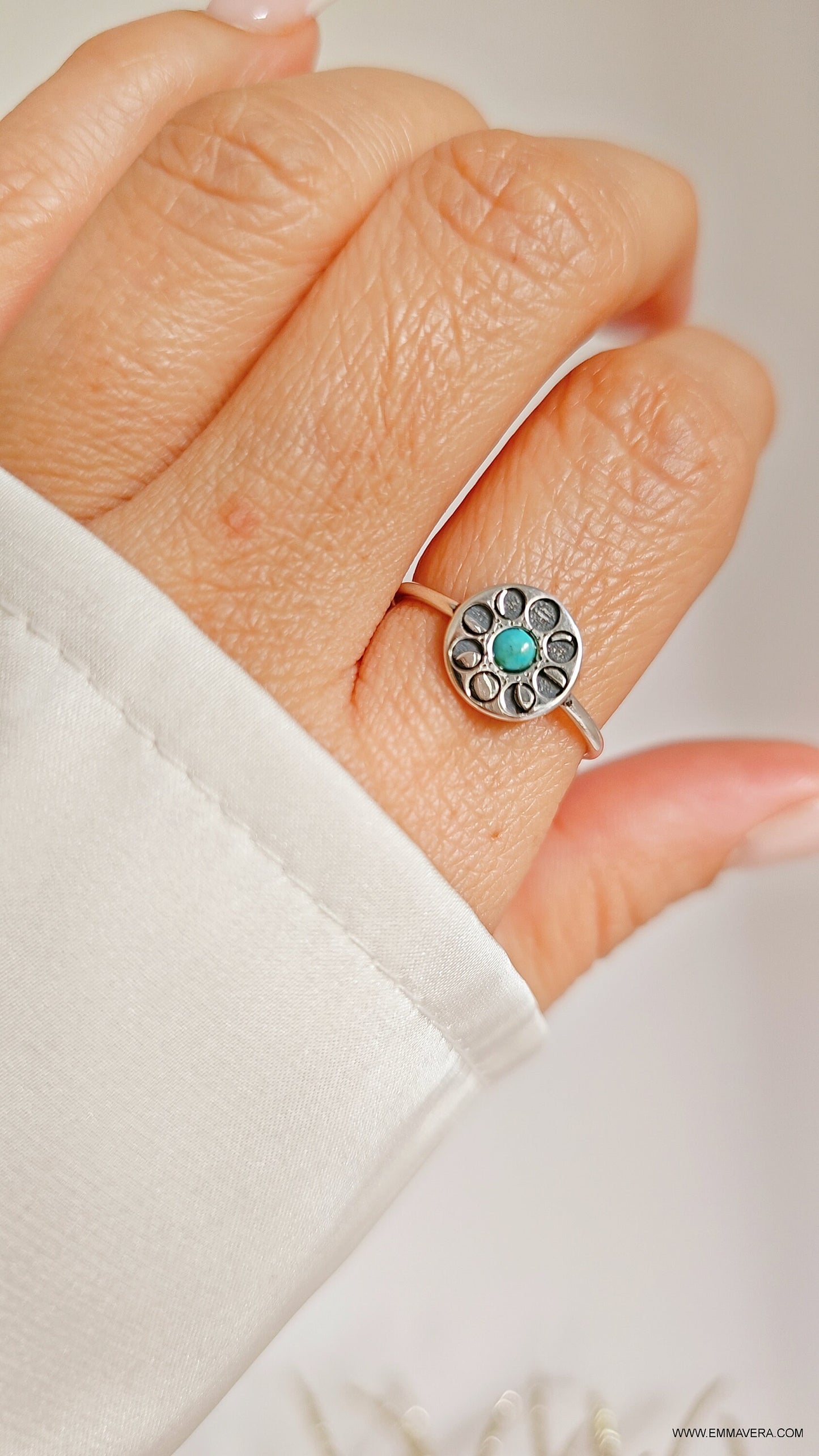 Sterling Silver Moon Phases Turquoise Ring, Moon Ring