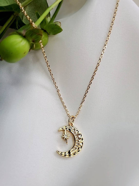 Gold Starburst & Moon Pendant Starburst Crescent Moon Necklace