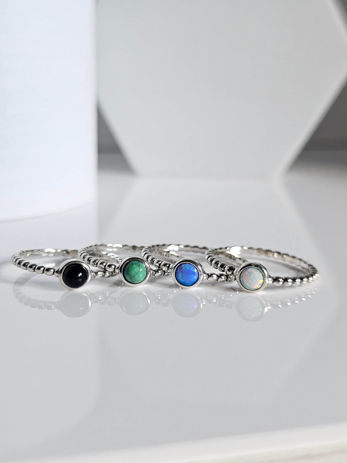 Beaded Sterling Silver Turquoise, Onyx, Blue Opal, White Opal Ring