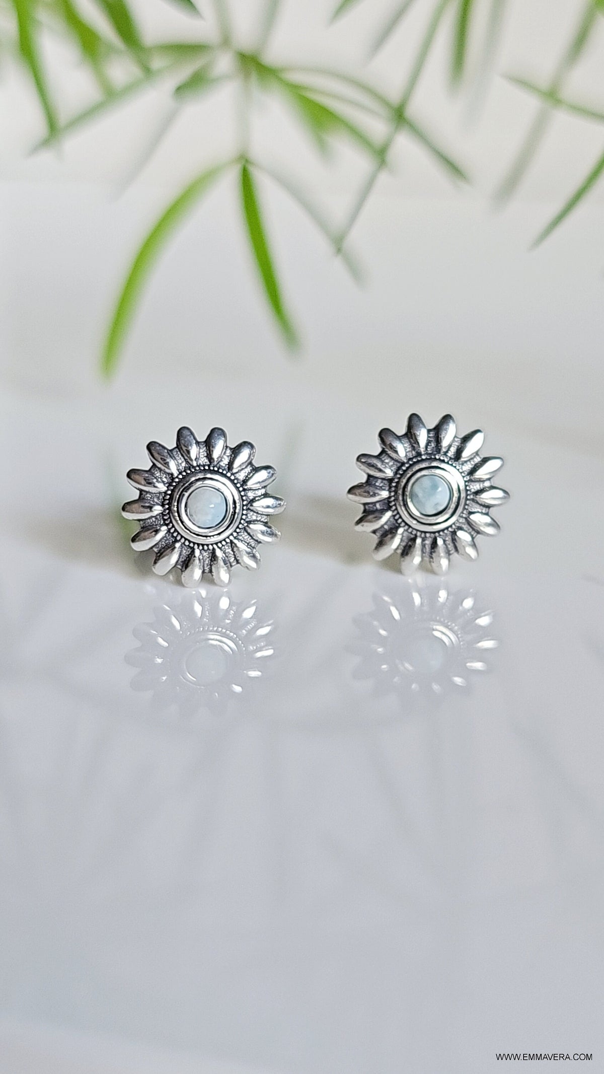 Natural Larimar Flower Studs Earrings – Sterling Silver