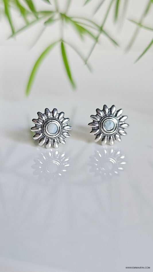 Sterling Silver Natural Larimar Flower Studs,  Larimar Earrings, Dainty Larimar Earrings, Small Dainty Studs for Women