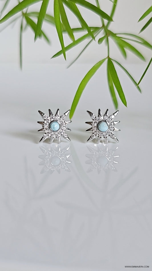 Sterling Silver Natural Larimar Studs, Starburst Larimar Earrings, Dainty Larimar Earrings, Small Dainty Studs for Women, 925 Studs