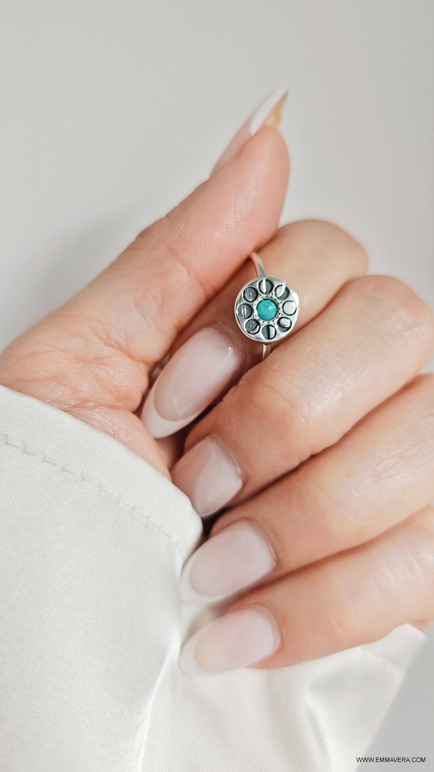 Sterling Silver Moon Phases Turquoise Ring, Moon Ring