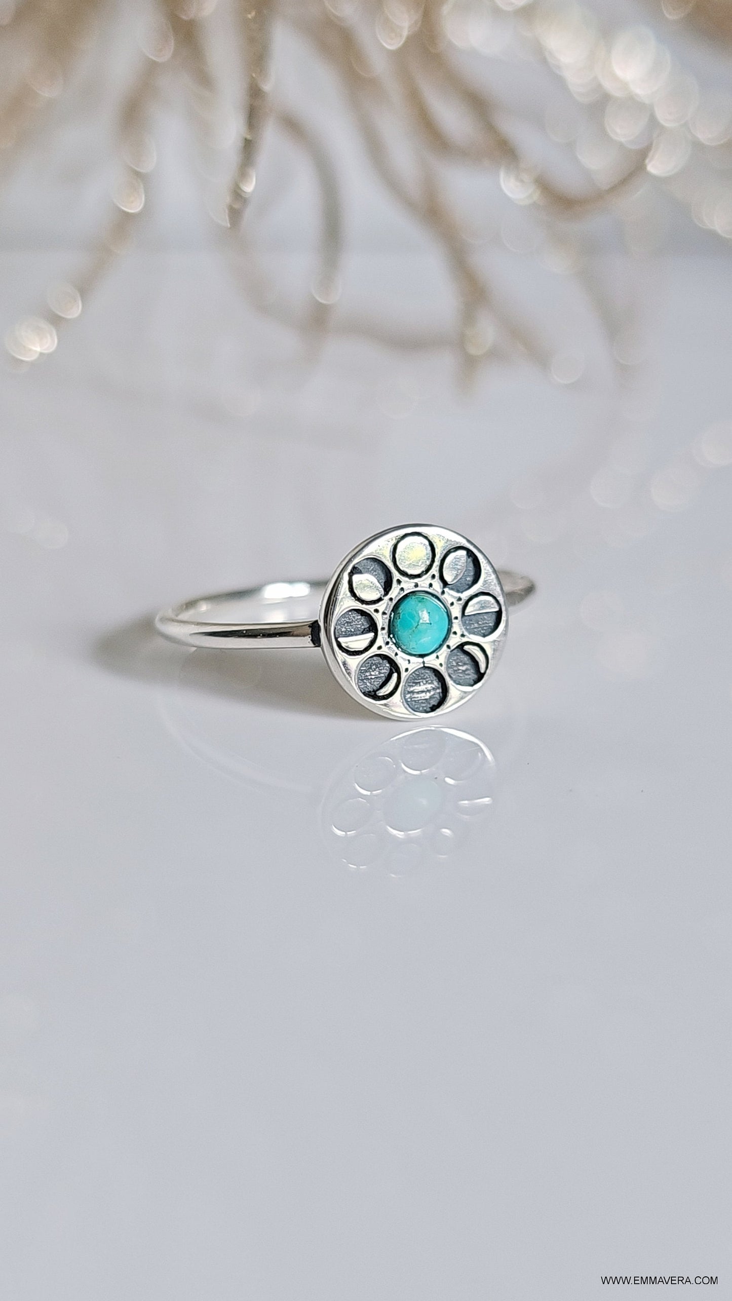 Sterling Silver Moon Phases Turquoise Ring, Moon Ring