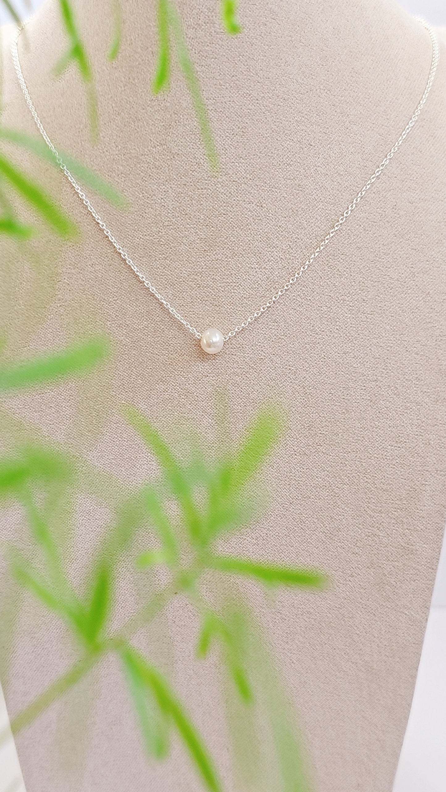 Sterling Silver Single Pearl Necklace, Floating Delicate Pearl Necklace, Simple Pearl Pendant, Bridesmaid, Mother's Day, Anniversary Gift