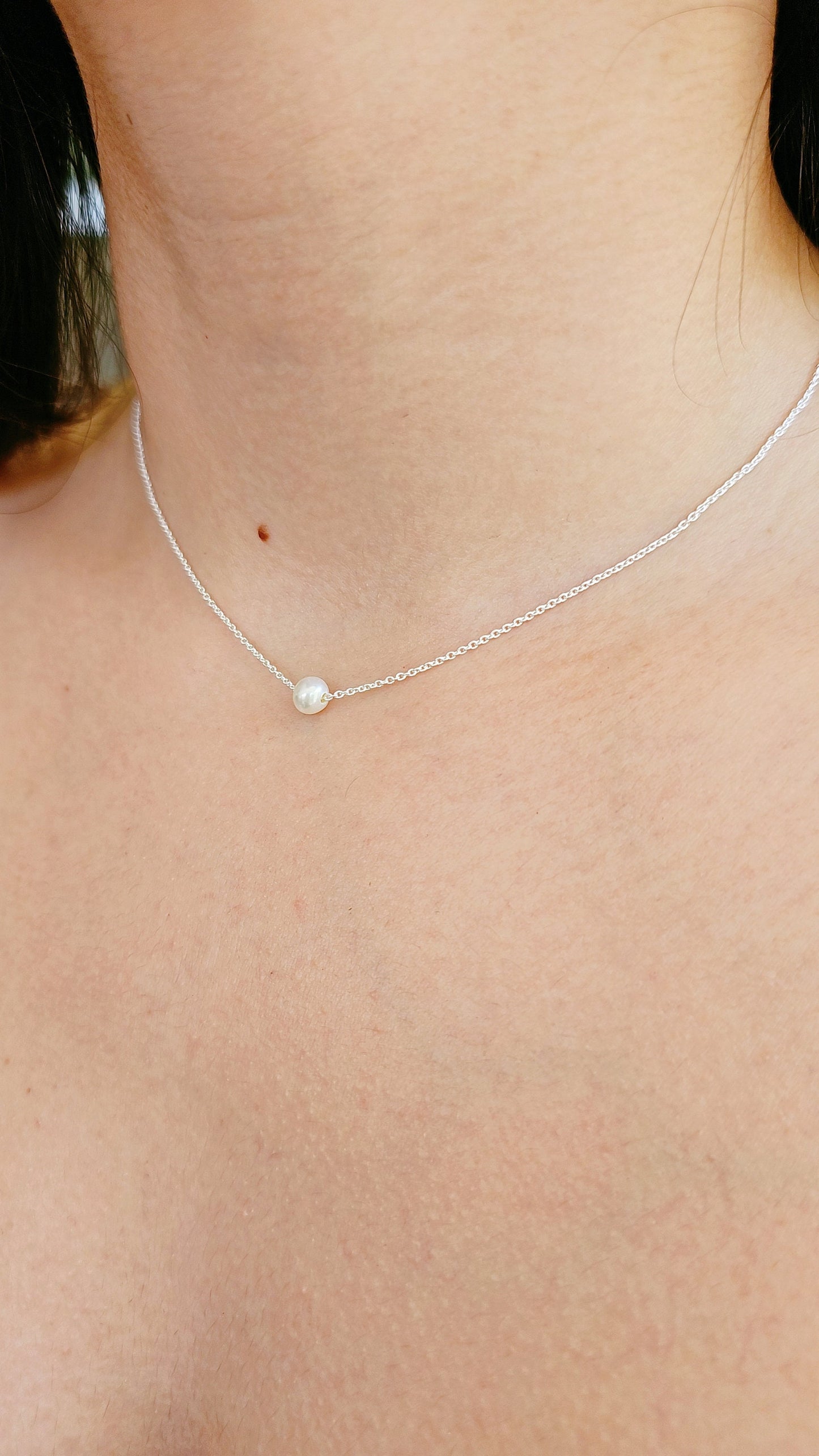 Sterling Silver Single Pearl Necklace, Floating Delicate Pearl Necklace, Simple Pearl Pendant, Bridesmaid, Mother's Day, Anniversary Gift