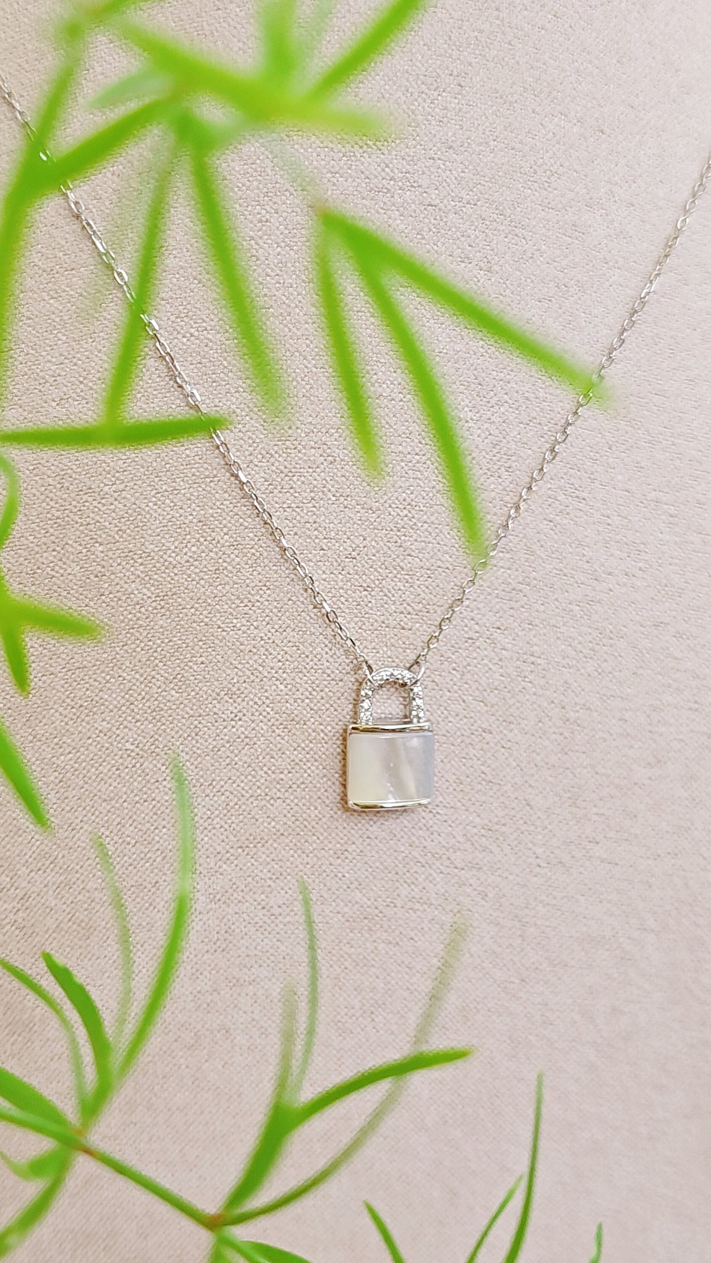 Sterling Silver Mother of Pearl Lock Pendant, Dainty Stack Necklace, Dainty Lock Charm, Layering Lock Pendant with Chain