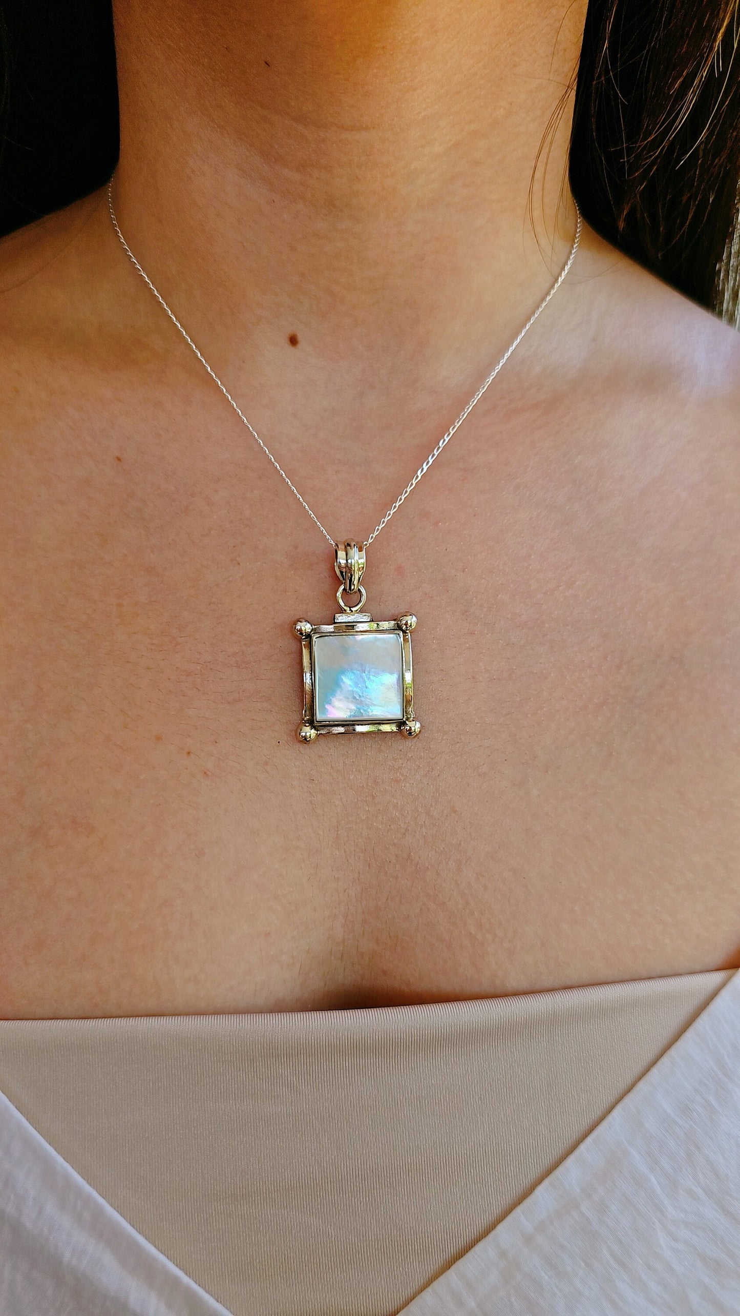 Statement Sterling Silver Mother of Pearl Pendant Necklace,