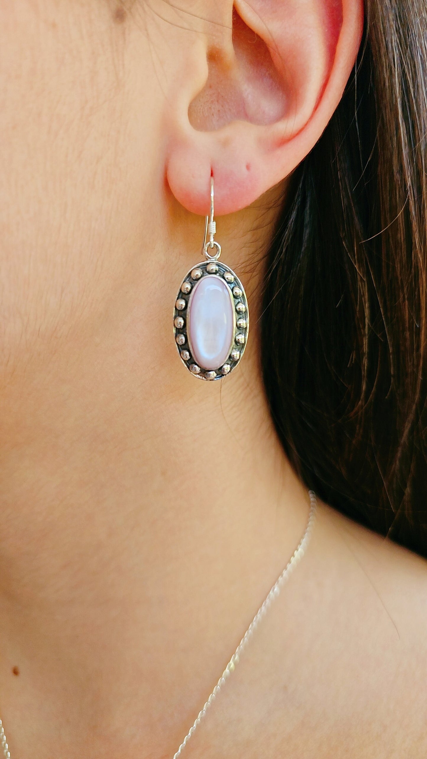 Sterling Silver Pink Mother of Pearl Earrings, Mother of Pearl Bali Earrings, Dangling Earrings for Women, 925 Earrings