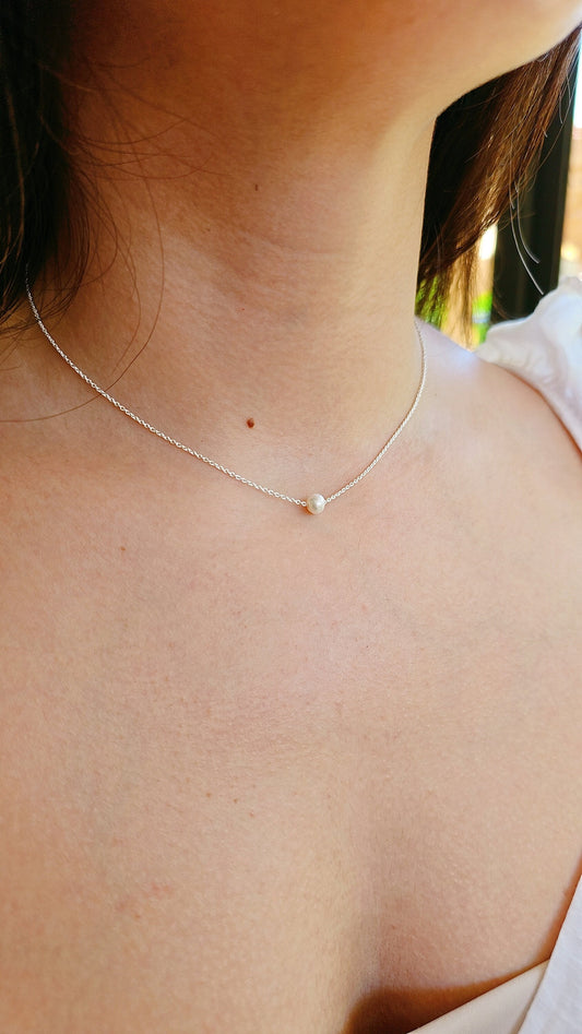 Sterling Silver Single Pearl Necklace, Floating Delicate Pearl Necklace, Simple Pearl Pendant, Bridesmaid, Mother's Day, Anniversary Gift