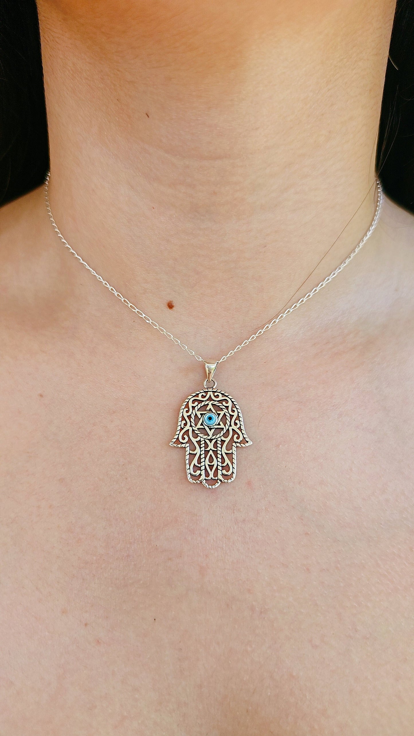 Sterling Silver Hamsa Pendant, Hand of Fatima, Star of David, Mother of Pearl Eye Pendant Necklace, 925 Hamsa Necklace, Protection Pendant