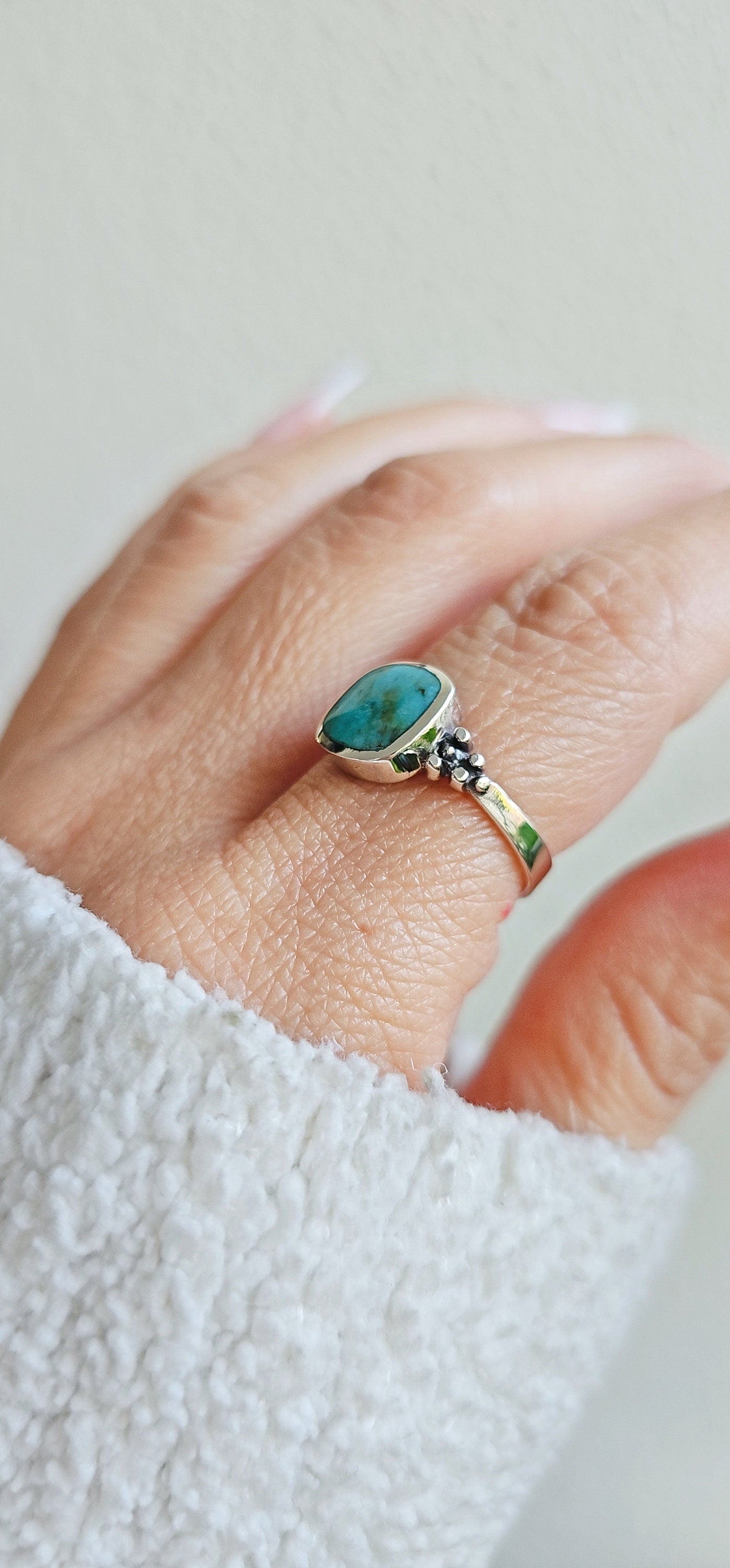 Turquoise Sterling Silver Bali Ring, Bohemian Ring, Genuine Turquoise Ring for Women, 925 Silver Ring, Beaded Ring, Gift Ideas