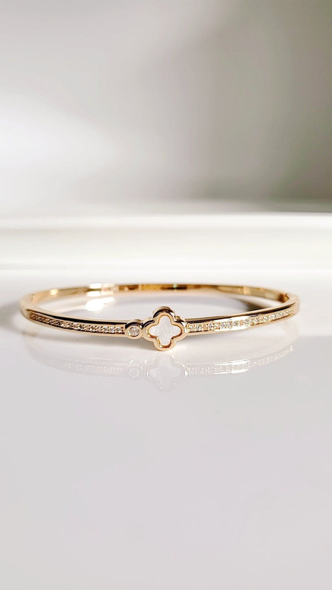 Dainty Mother of Pearl Clover Bangle Bracelet