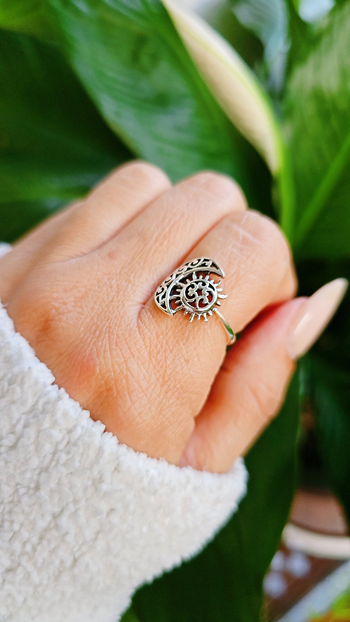 Sterling Silver Ring Moon and Sun Ring, Women Bohemian Ring, Large Moon and Sun Ring for Women, Crescent Moon Ring