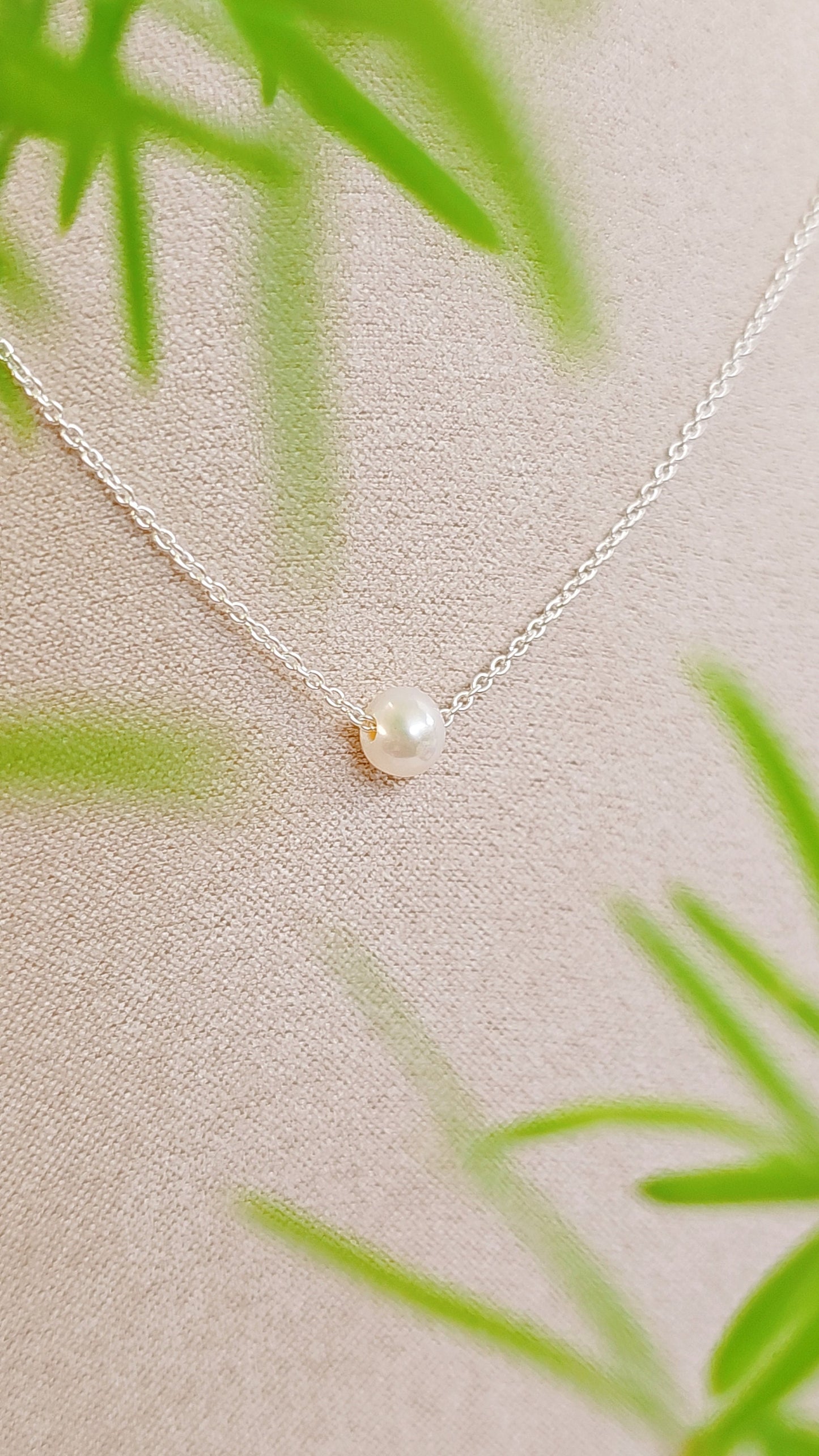 Sterling Silver Single Pearl Necklace, Floating Delicate Pearl Necklace, Simple Pearl Pendant, Bridesmaid, Mother's Day, Anniversary Gift