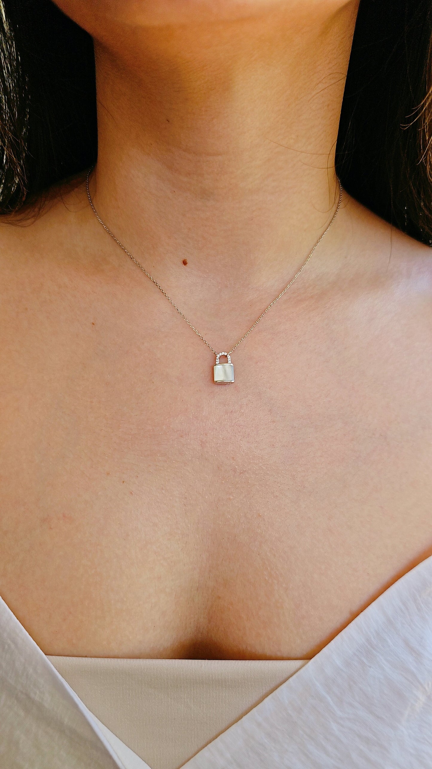 Sterling Silver Mother of Pearl Lock Pendant, Dainty Stack Necklace, Dainty Lock Charm, Layering Lock Pendant with Chain