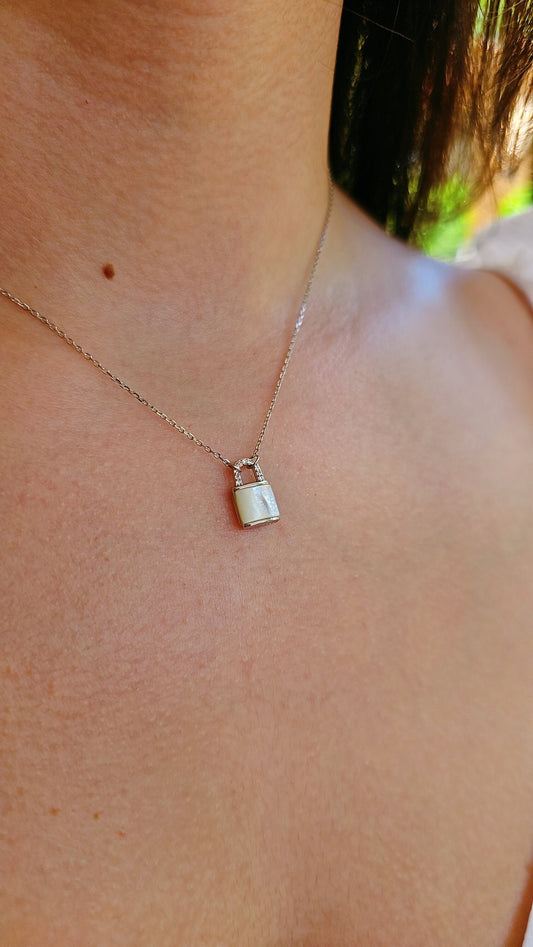 Sterling Silver Mother of Pearl Lock Pendant, Dainty Stack Necklace, Dainty Lock Charm, Layering Lock Pendant with Chain