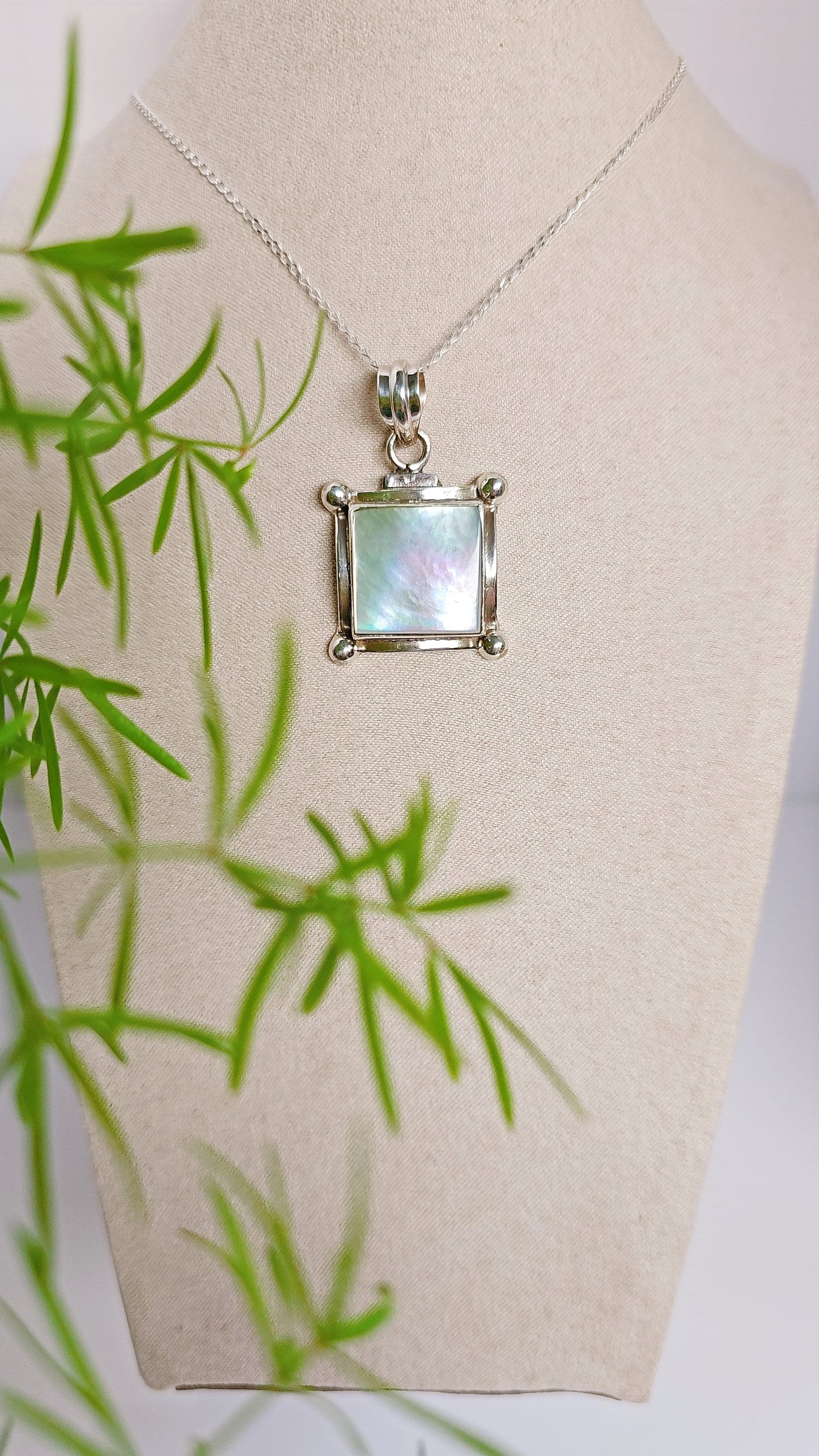 Statement Sterling Silver Mother of Pearl Pendant Necklace,