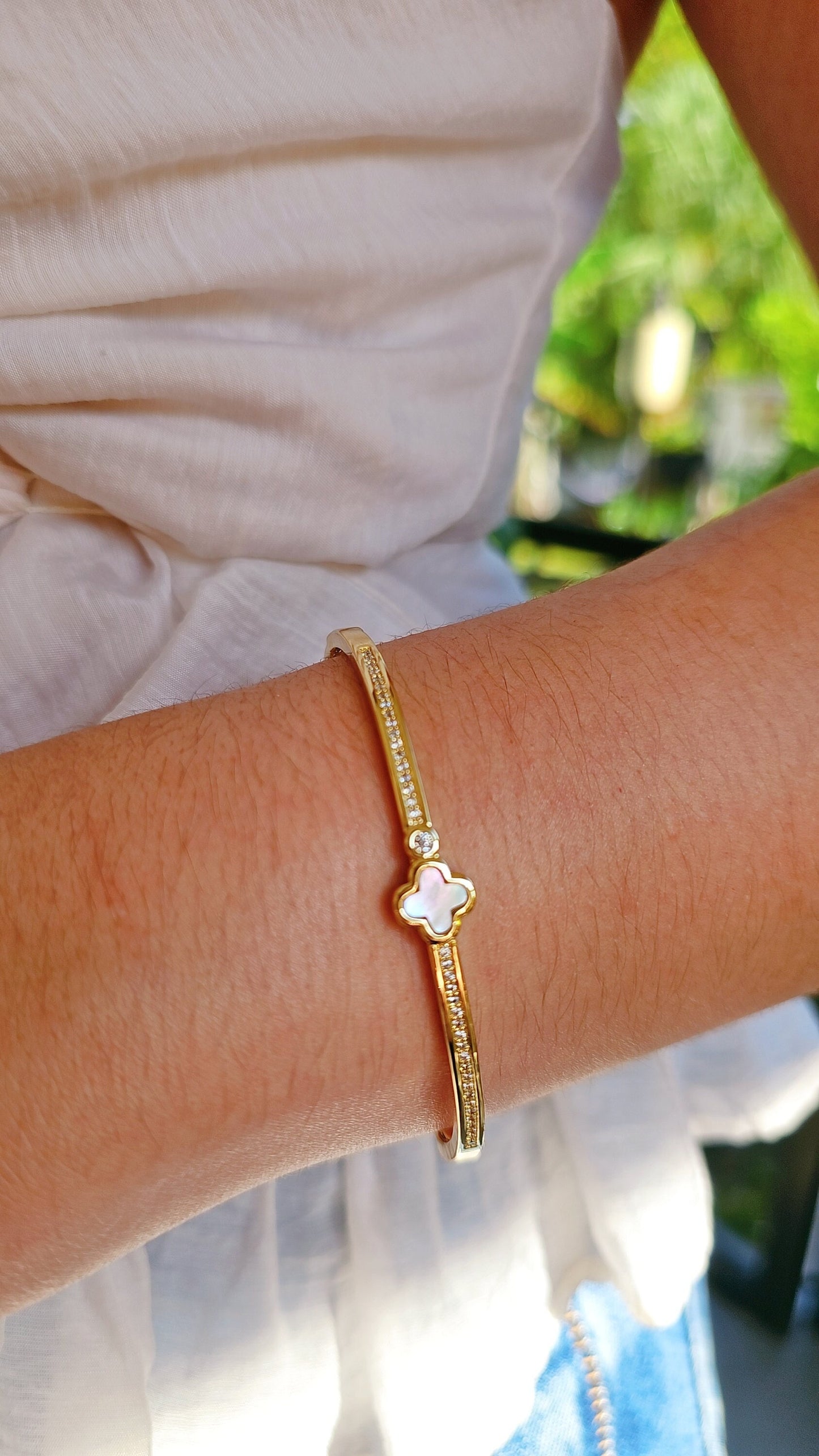 Dainty Mother of Pearl Clover Bangle Bracelet