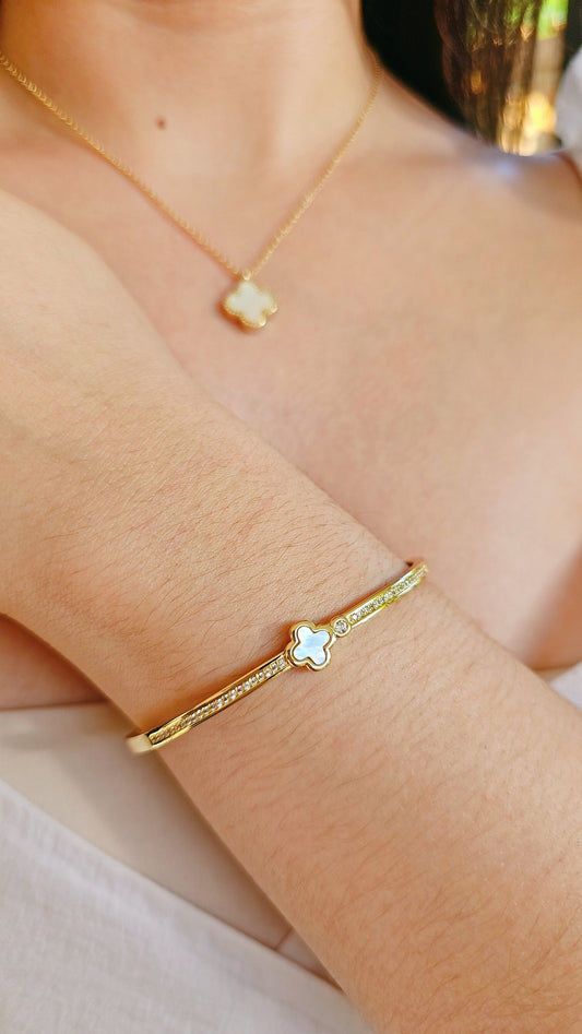 Dainty Mother of Pearl Clover Bangle Bracelet