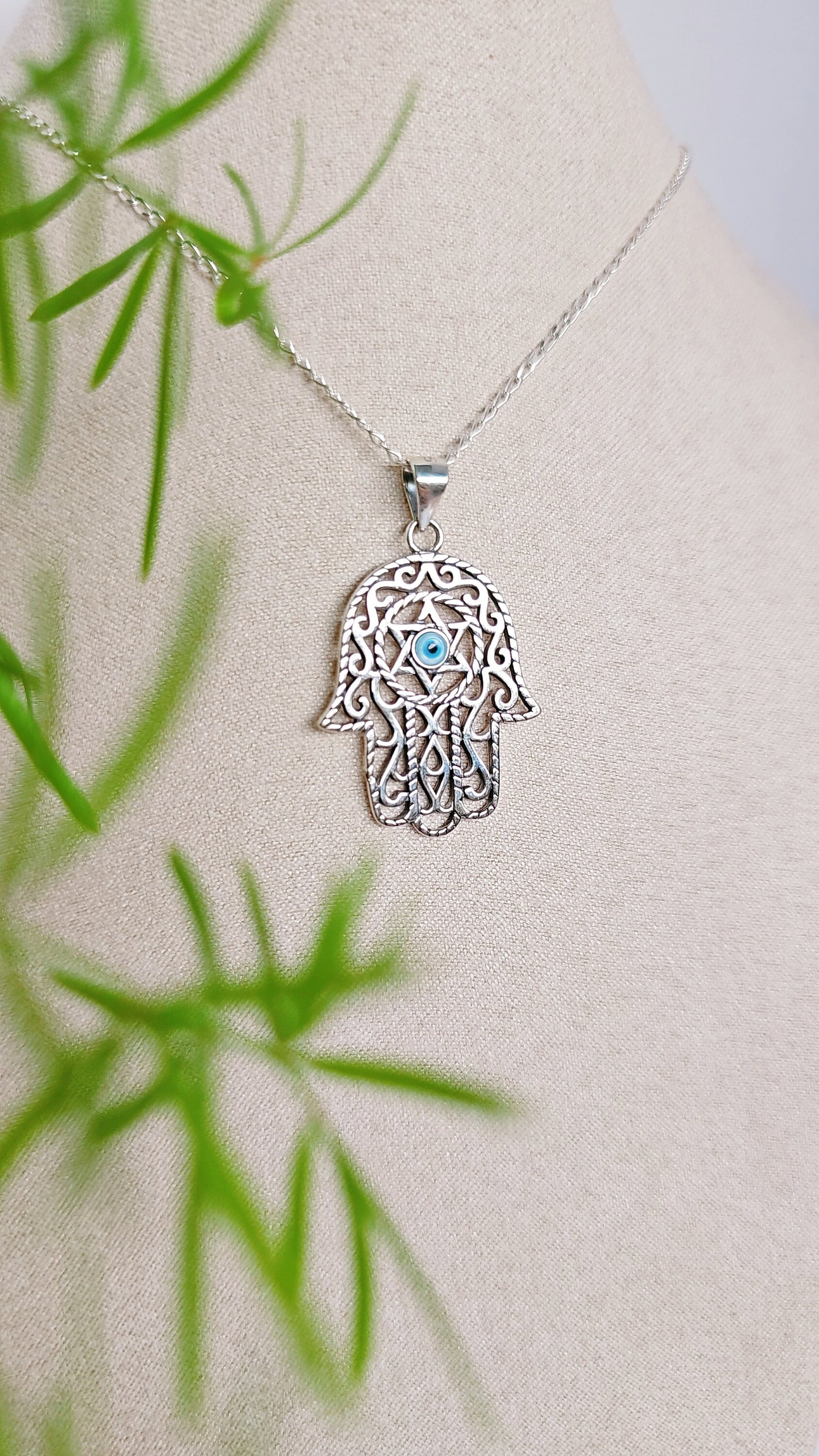 Sterling Silver Hamsa Pendant, Hand of Fatima, Star of David, Mother of Pearl Eye Pendant Necklace, 925 Hamsa Necklace, Protection Pendant