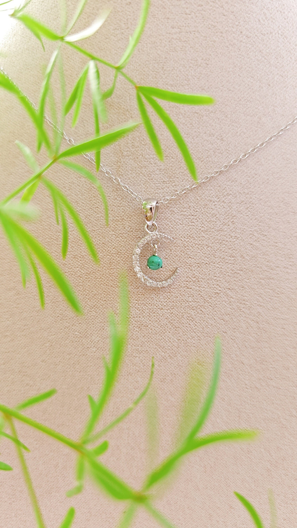 Sterling Silver Dainty Moon Necklace with Turquoise Accent