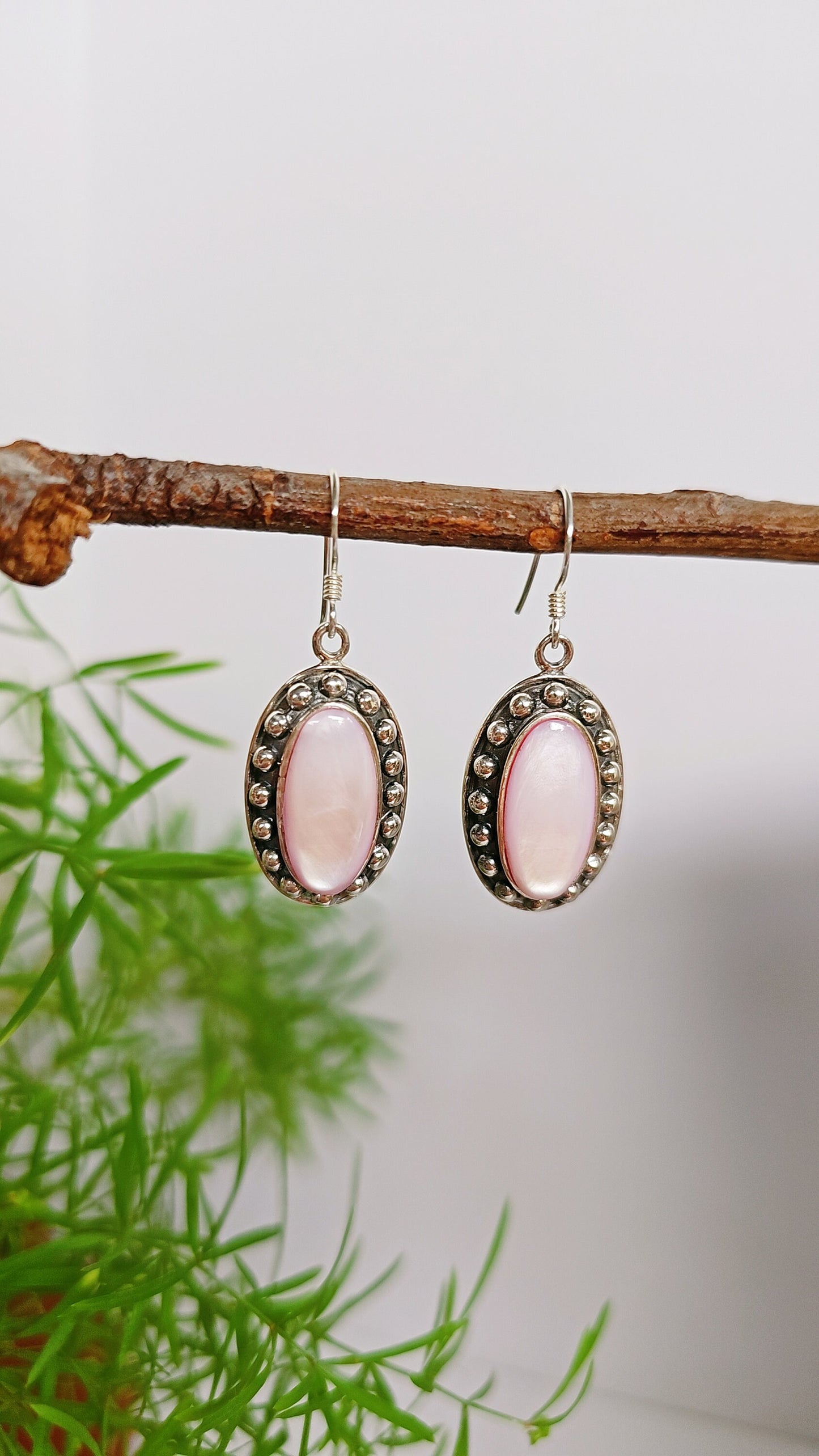 Sterling Silver Pink Mother of Pearl Earrings, Mother of Pearl Bali Earrings, Dangling Earrings for Women, 925 Earrings