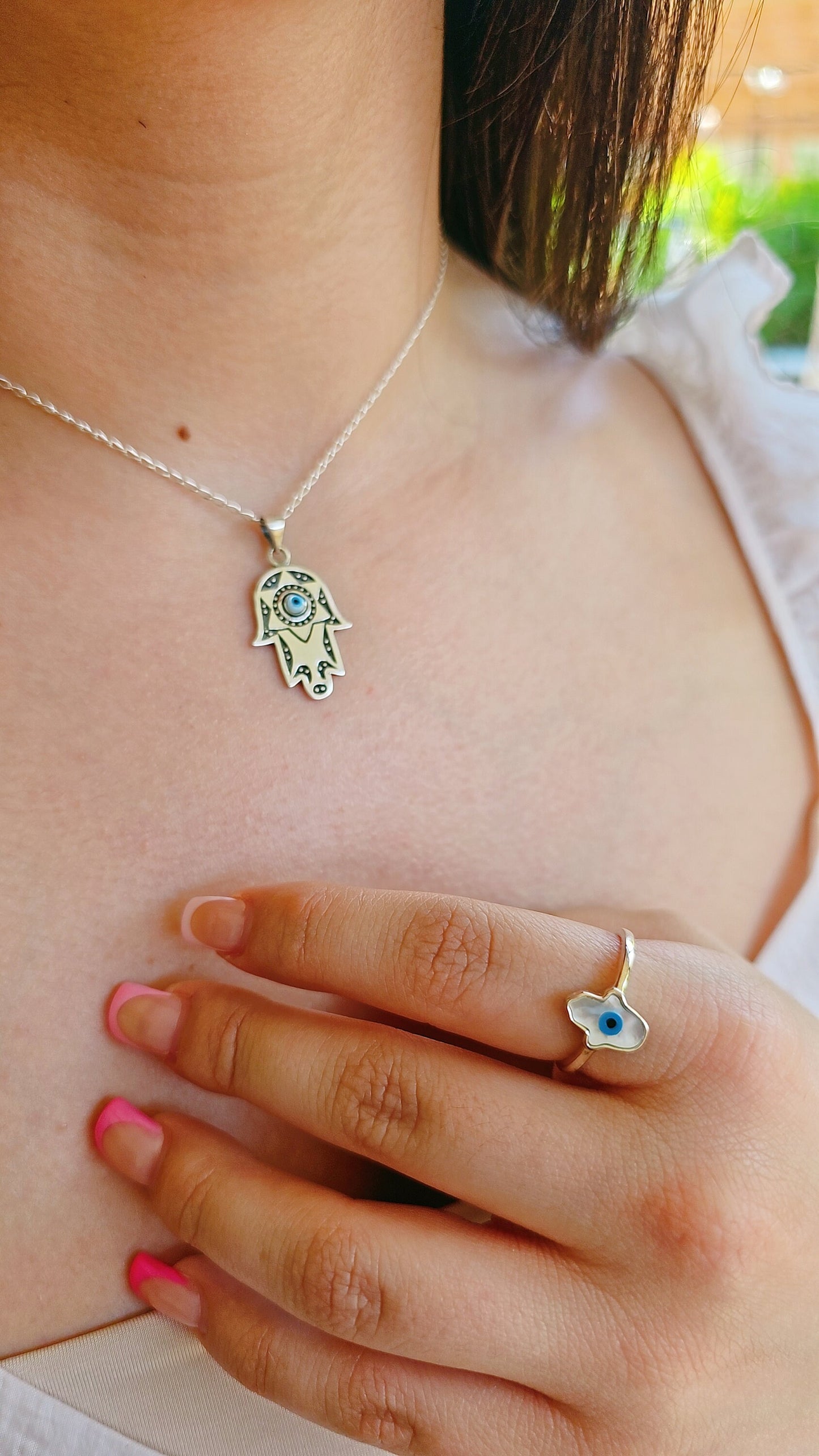 Sterling Silver Hamsa Hand of Fatima, Star of David, Mother of Pearl Evil Eye Pendant Necklace, 925 Hamsa Necklace, Protection Pendant