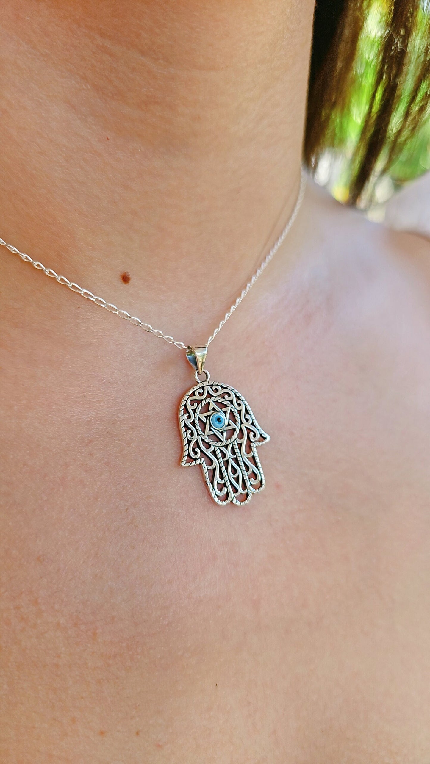 Sterling Silver Hamsa Pendant, Hand of Fatima, Star of David, Mother of Pearl Eye Pendant Necklace, 925 Hamsa Necklace, Protection Pendant