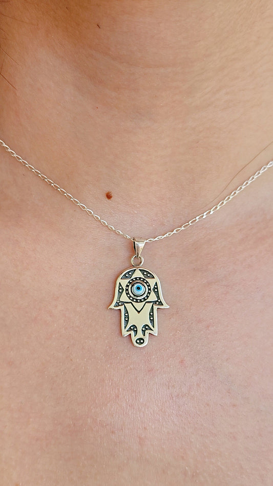 Sterling Silver Hamsa Hand of Fatima, Star of David, Mother of Pearl Evil Eye Pendant Necklace, 925 Hamsa Necklace, Protection Pendant