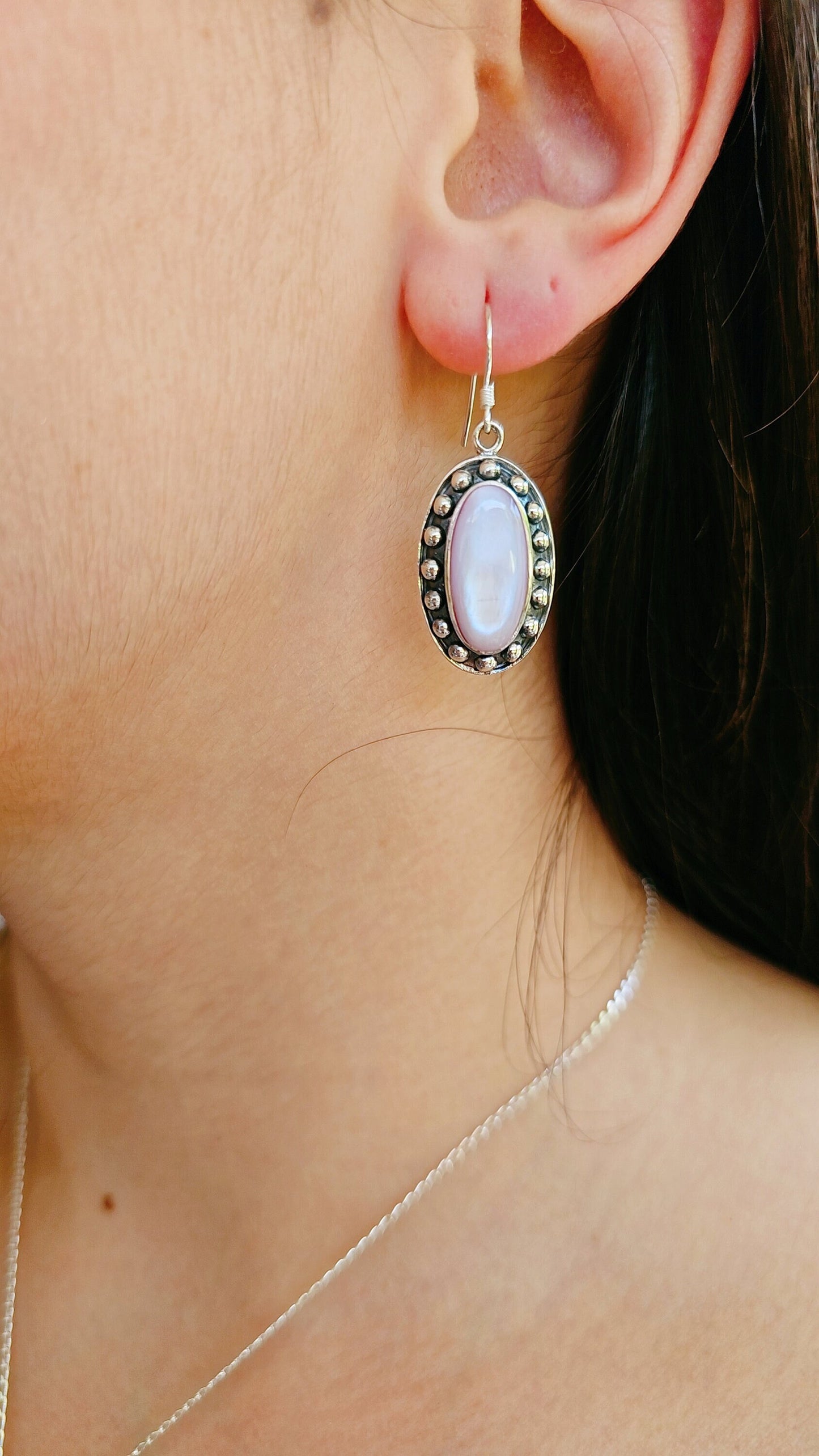 Sterling Silver Pink Mother of Pearl Earrings, Mother of Pearl Bali Earrings, Dangling Earrings for Women, 925 Earrings