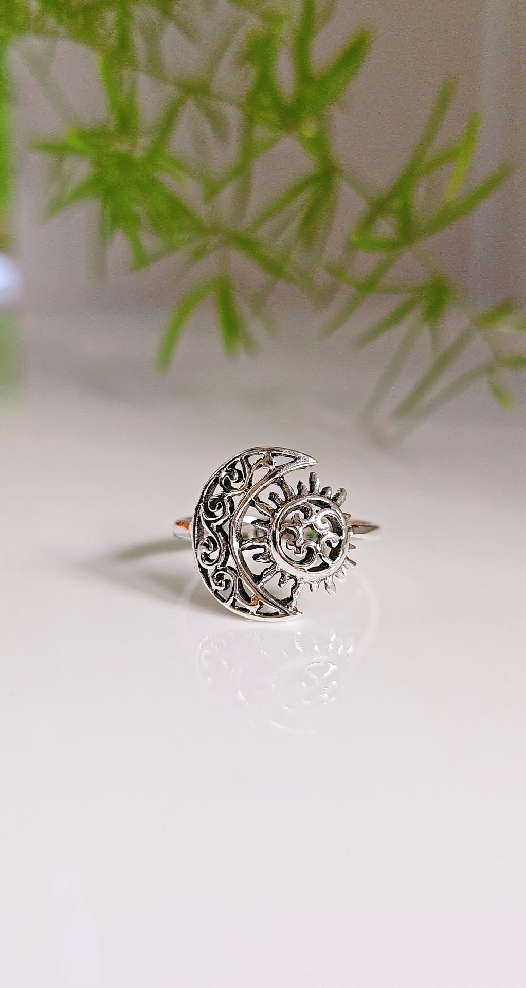 Sterling Silver Ring Moon and Sun Ring, Women Bohemian Ring, Large Moon and Sun Ring for Women, Crescent Moon Ring